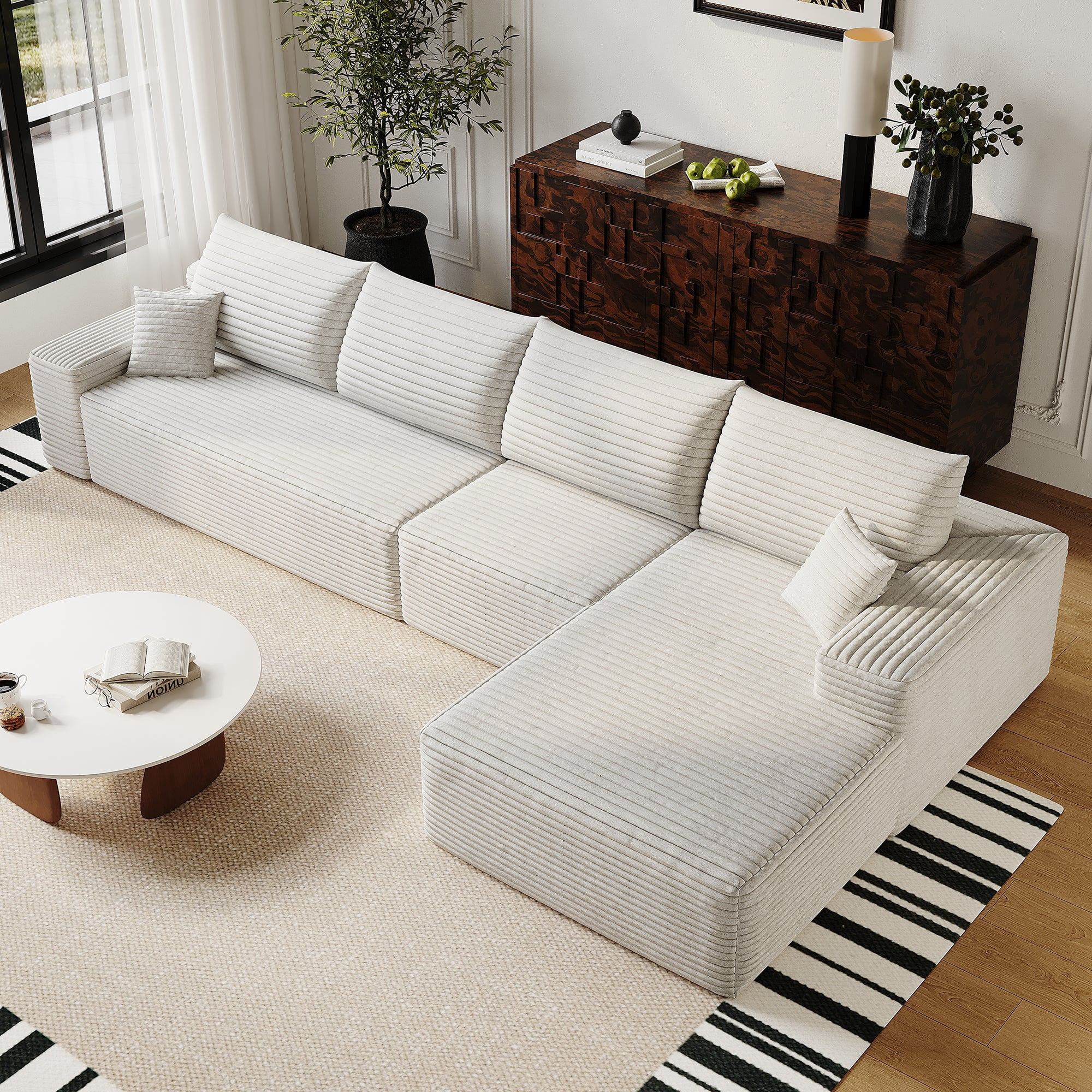 Sailvan 135" Cloud Sectional Couch, Cloudy Sofa with L-Shape Chaise, Upholstered Couches for Living Room & Bedroom, No Assembly Required, Plush Corduroy Fabric, Beige