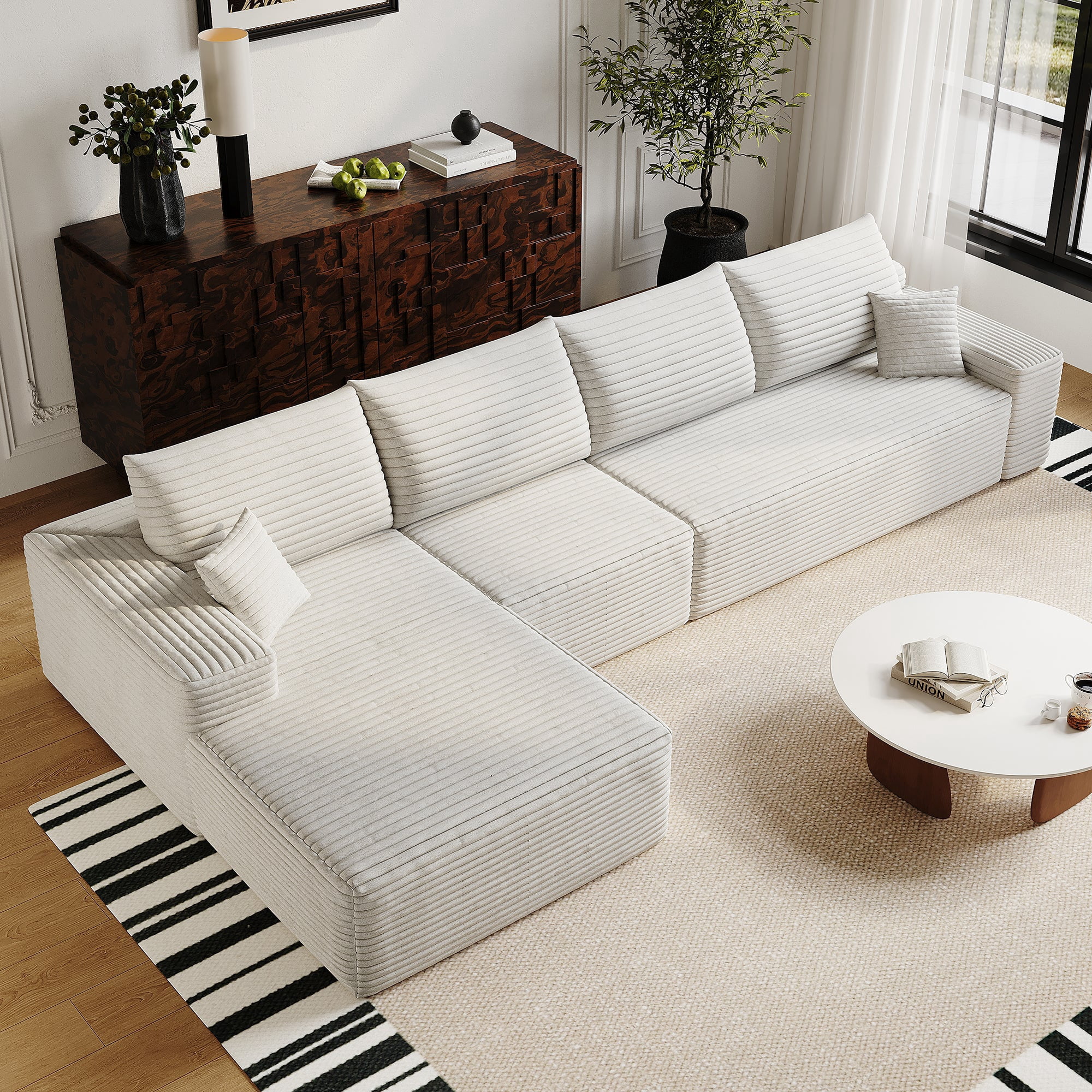 Sailvan 135" Cloud Sectional Couch, Cloudy Sofa with L-Shape Chaise, Upholstered Couches for Living Room & Bedroom, No Assembly Required, Plush Corduroy Fabric, Beige