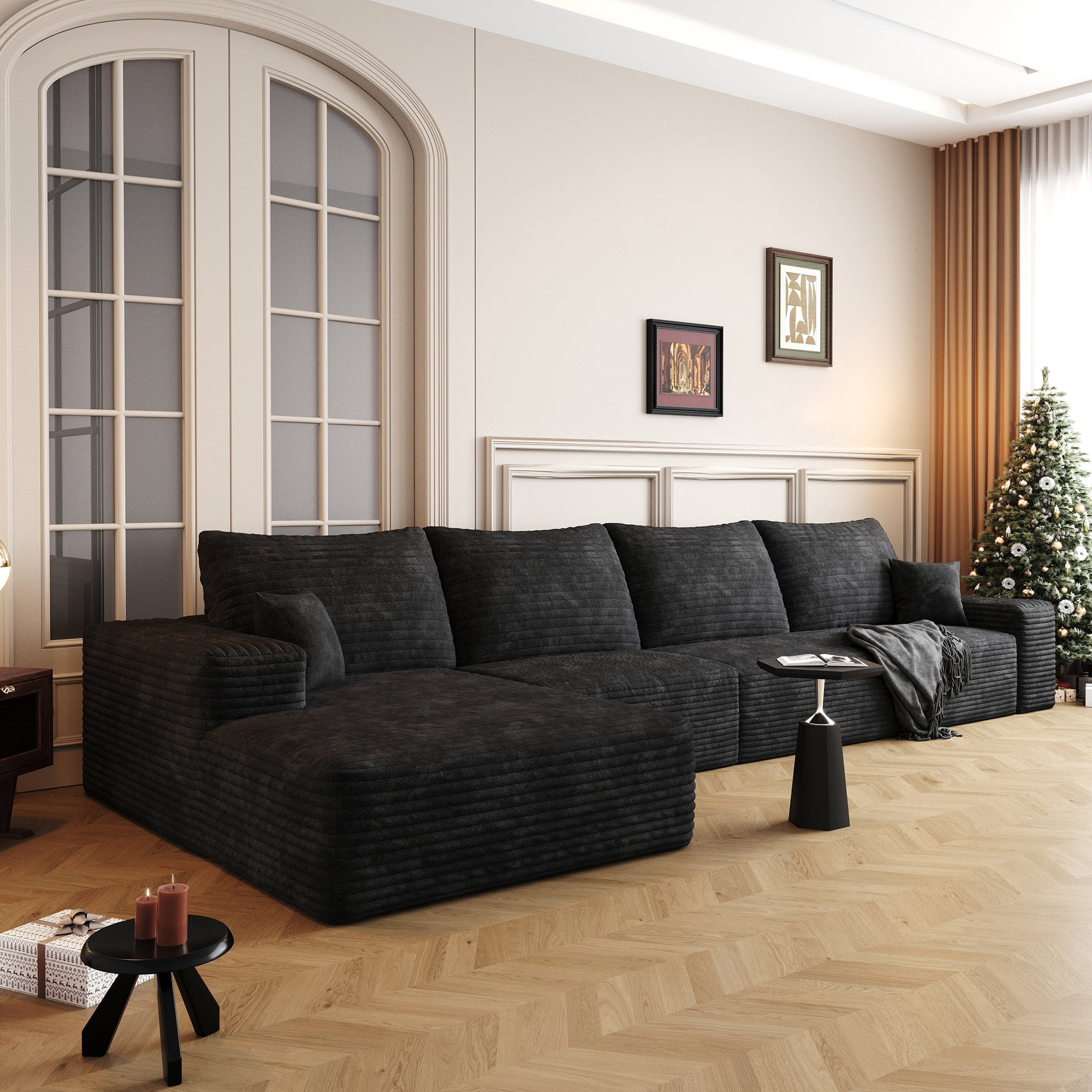 Sailvan 135" Cloud Sectional Couch, Cloudy Sofa with L-Shape Chaise, Upholstered Couches for Living Room & Bedroom, No Assembly Required, Plush Corduroy Fabric, Black