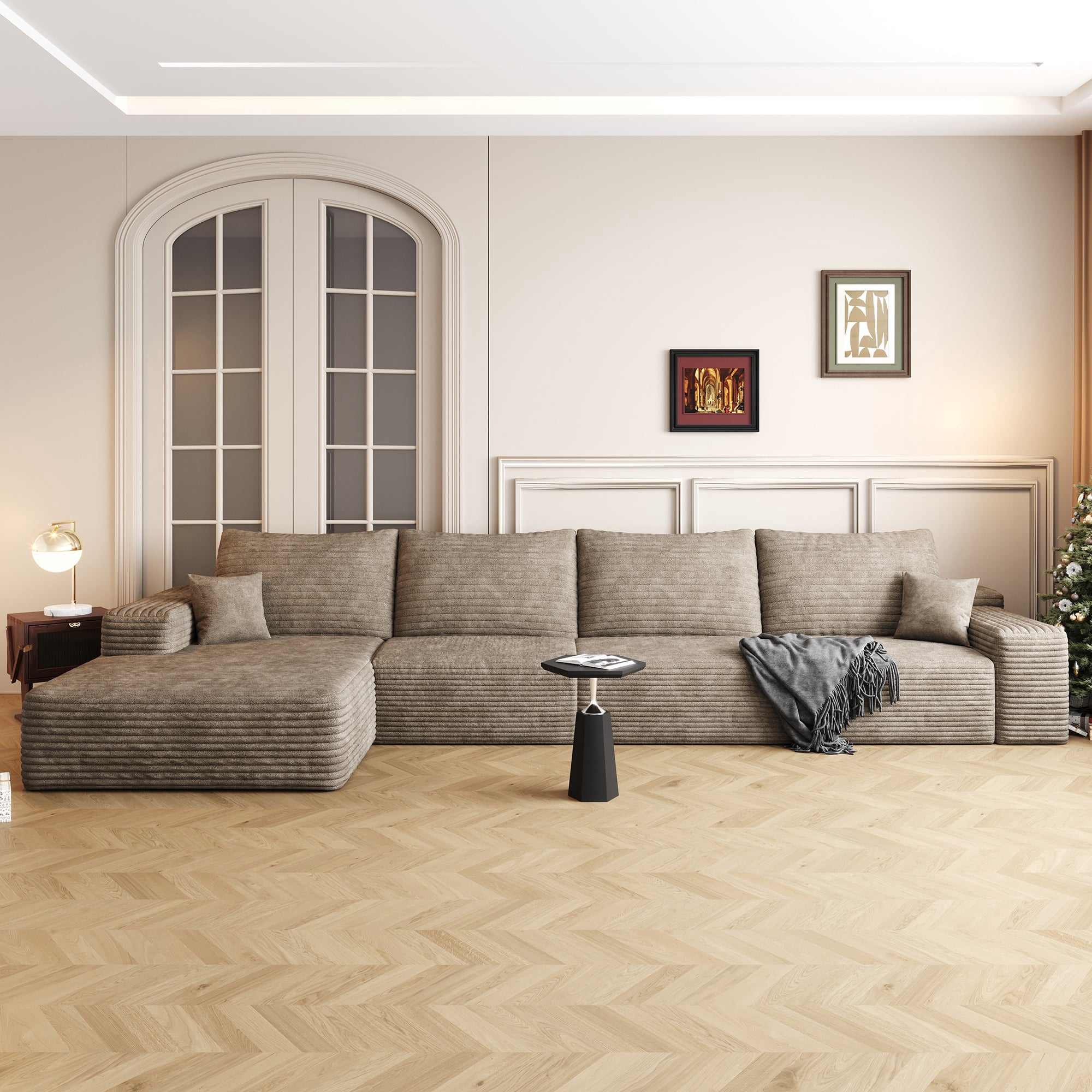Sailvan 135" Cloud Sectional Couch, Cloudy Sofa with L-Shape Chaise, Upholstered Couches for Living Room & Bedroom, No Assembly Required, Plush Corduroy Fabric, Camel