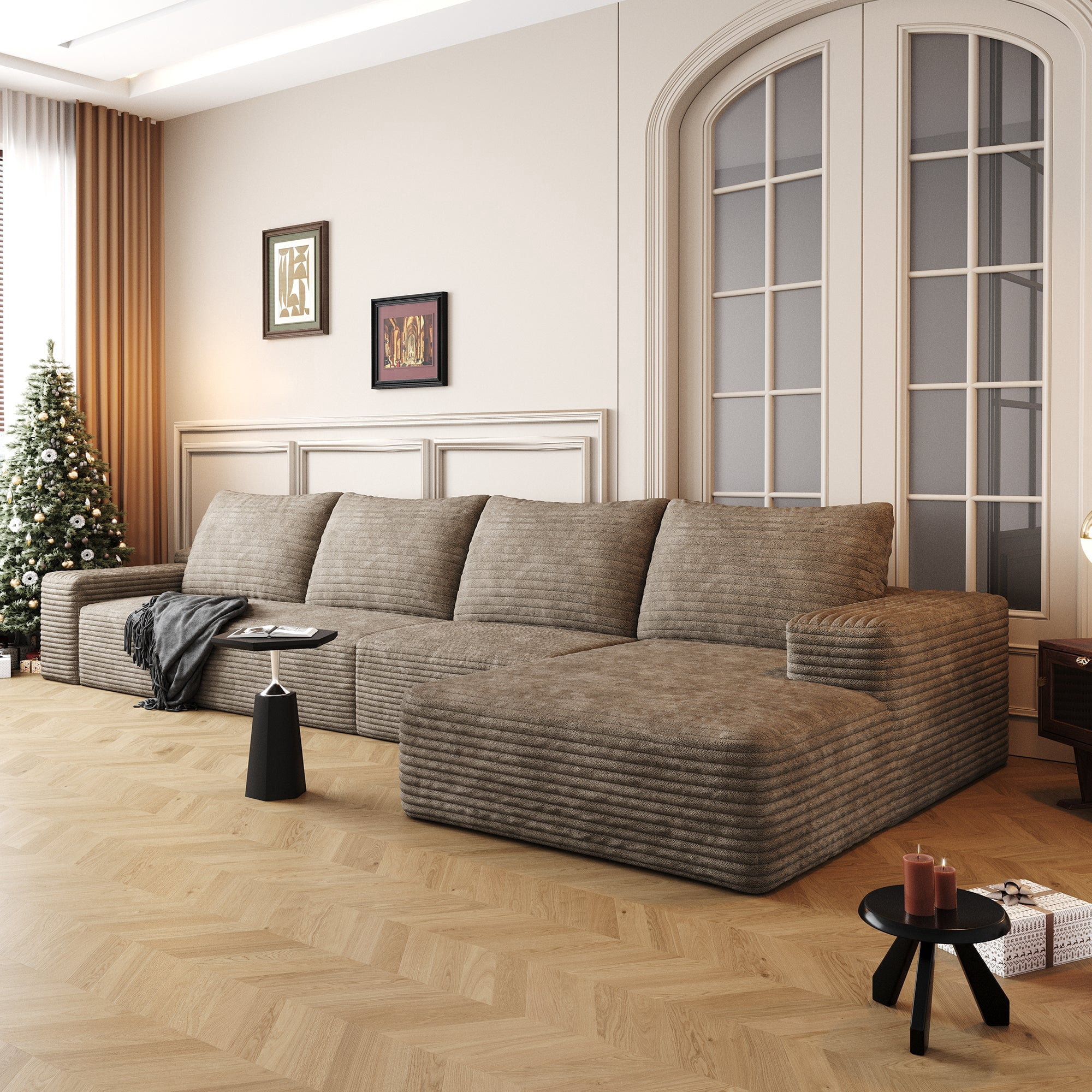 Sailvan 135" Cloud Sectional Couch, Cloudy Sofa with L-Shape Chaise, Upholstered Couches for Living Room & Bedroom, No Assembly Required, Plush Corduroy Fabric, Camel