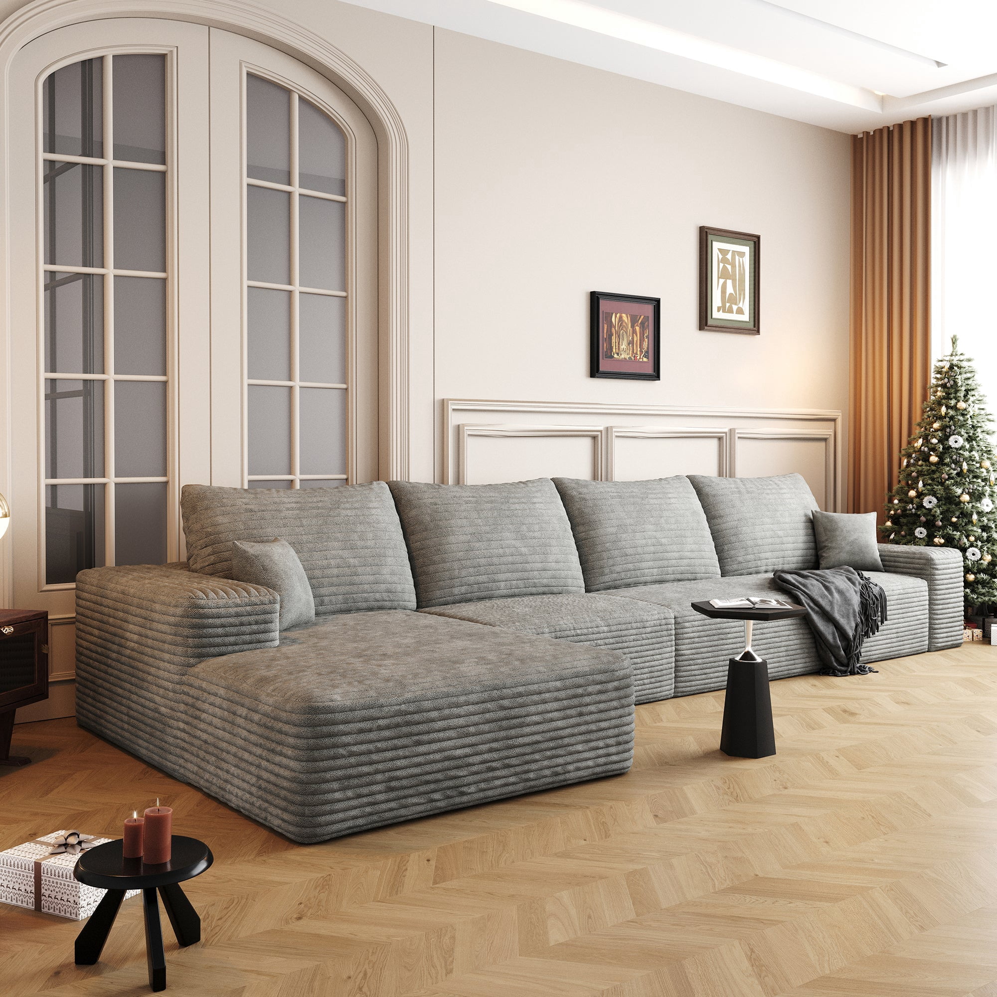 Sailvan 135" Cloud Sectional Couch, Cloudy Sofa with L-Shape Chaise, Upholstered Couches for Living Room & Bedroom, No Assembly Required, Plush Corduroy Fabric, Gray