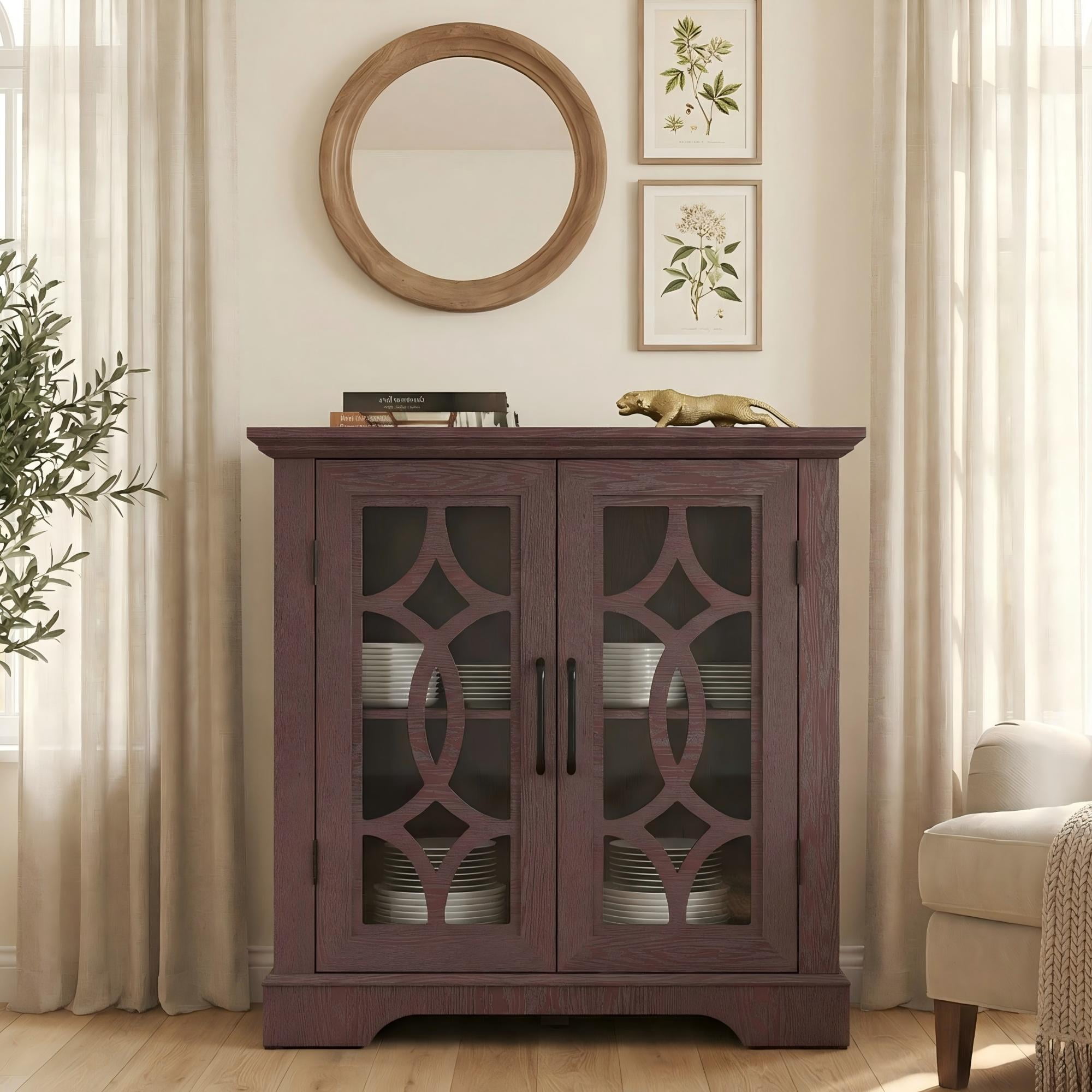 Sailvan 2-Tempered Glass Door Sideboard, 34.37" Spacious Buffet with 3-Position Adjustable Shelf