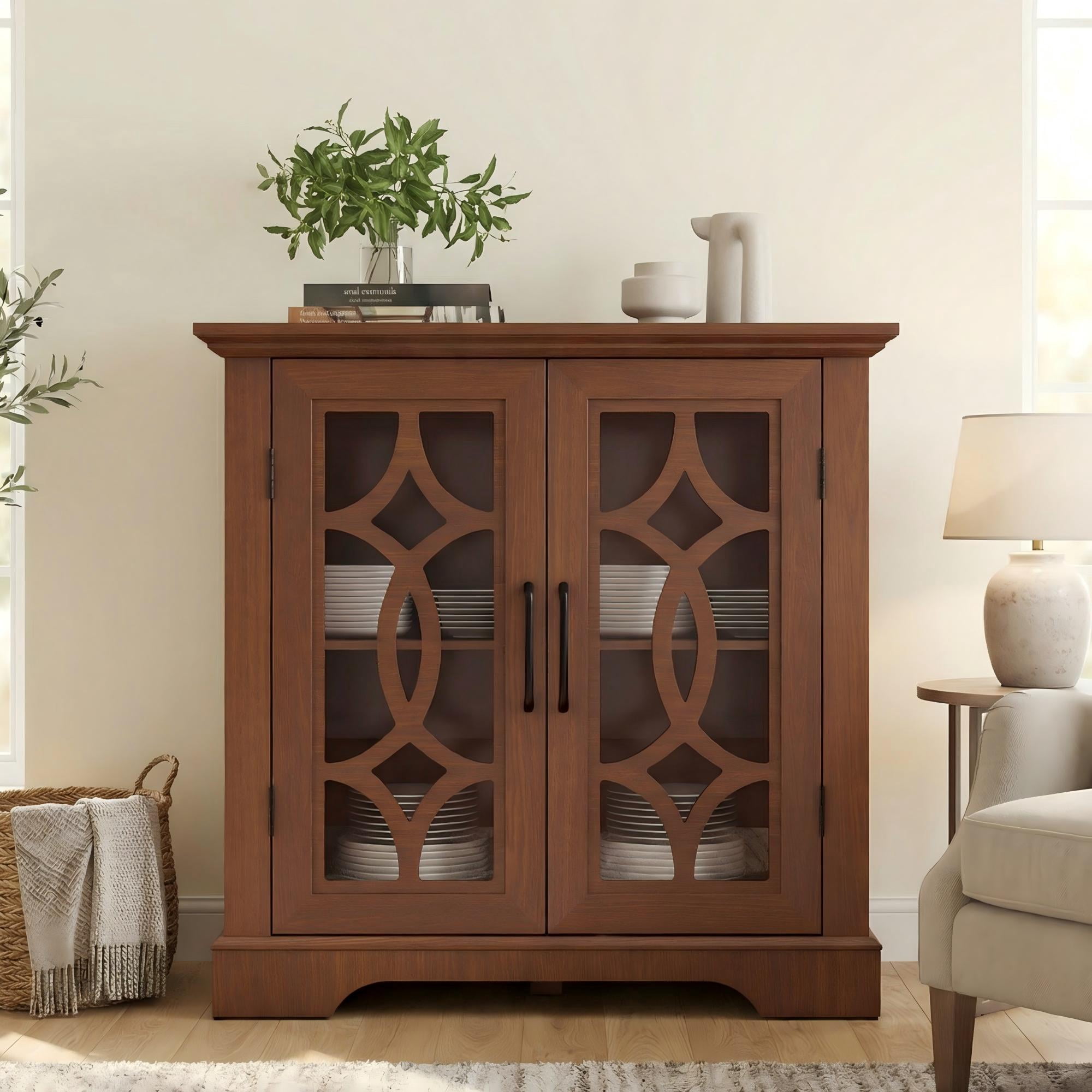 Sailvan 2-Tempered Glass Door Sideboard, 34.37" Spacious Buffet with 3-Position Adjustable Shelf