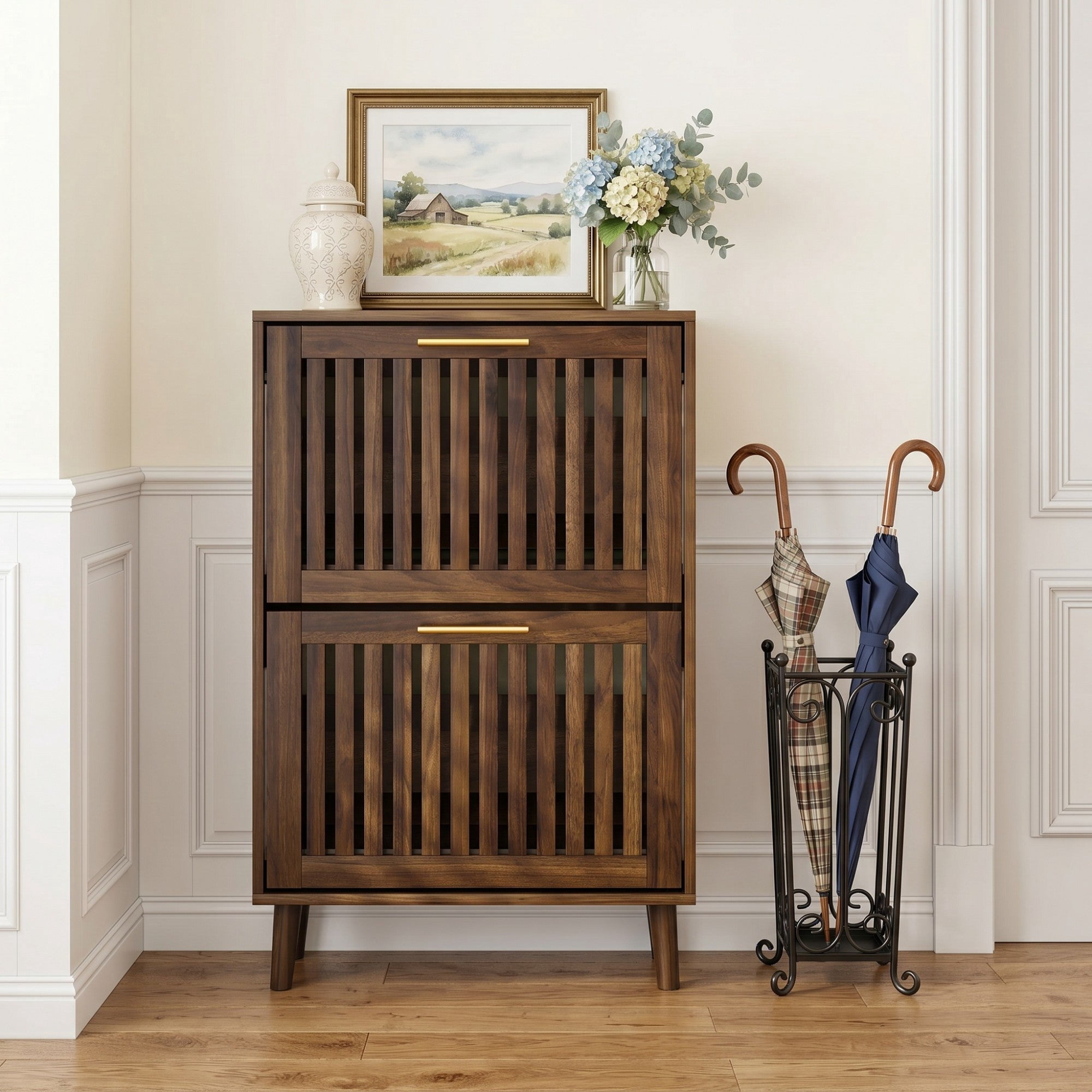 Sailvan 23.6" Walnut Shoe Cabinet, Mid-Century Modern Freestanding Fence Cabinet with 2 Flip Drawers