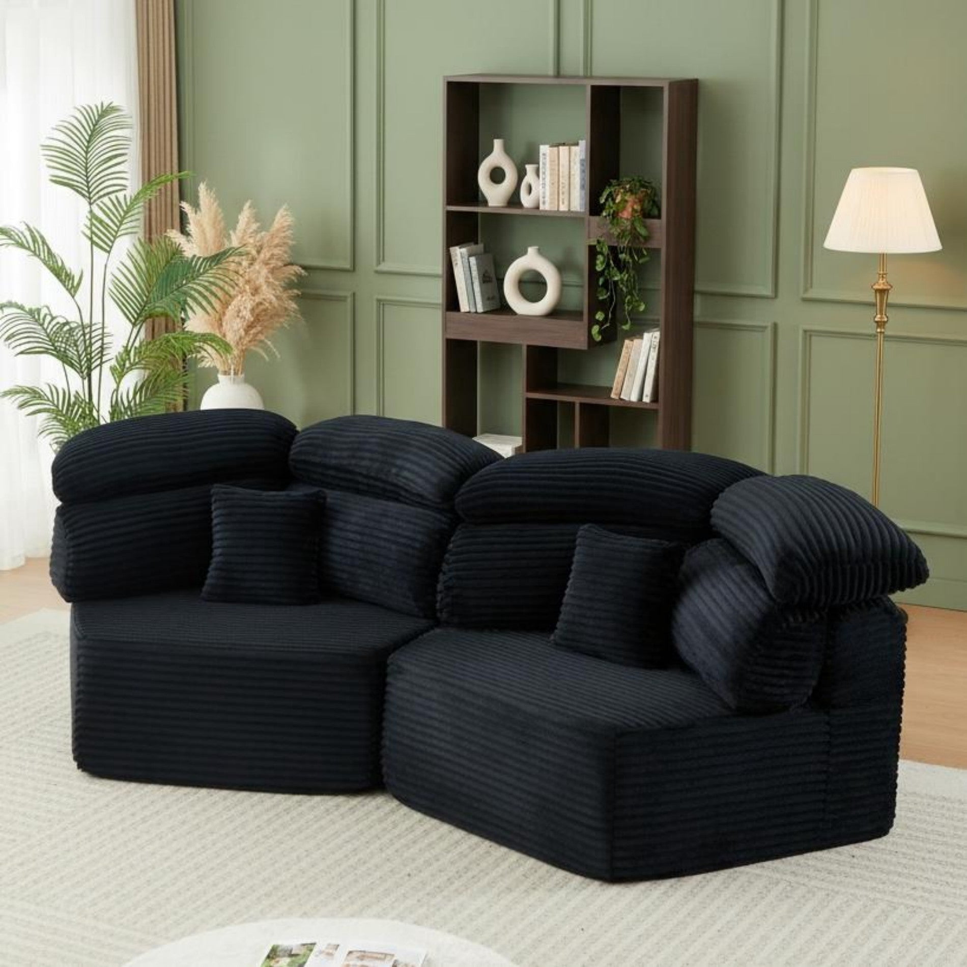 Sailvan 2PCS 53" Modern Corduroy Modular Lounge Chair, Pentagonal Seater Cloud Sofa with 6 Enveloping Pillows for Living Room Black