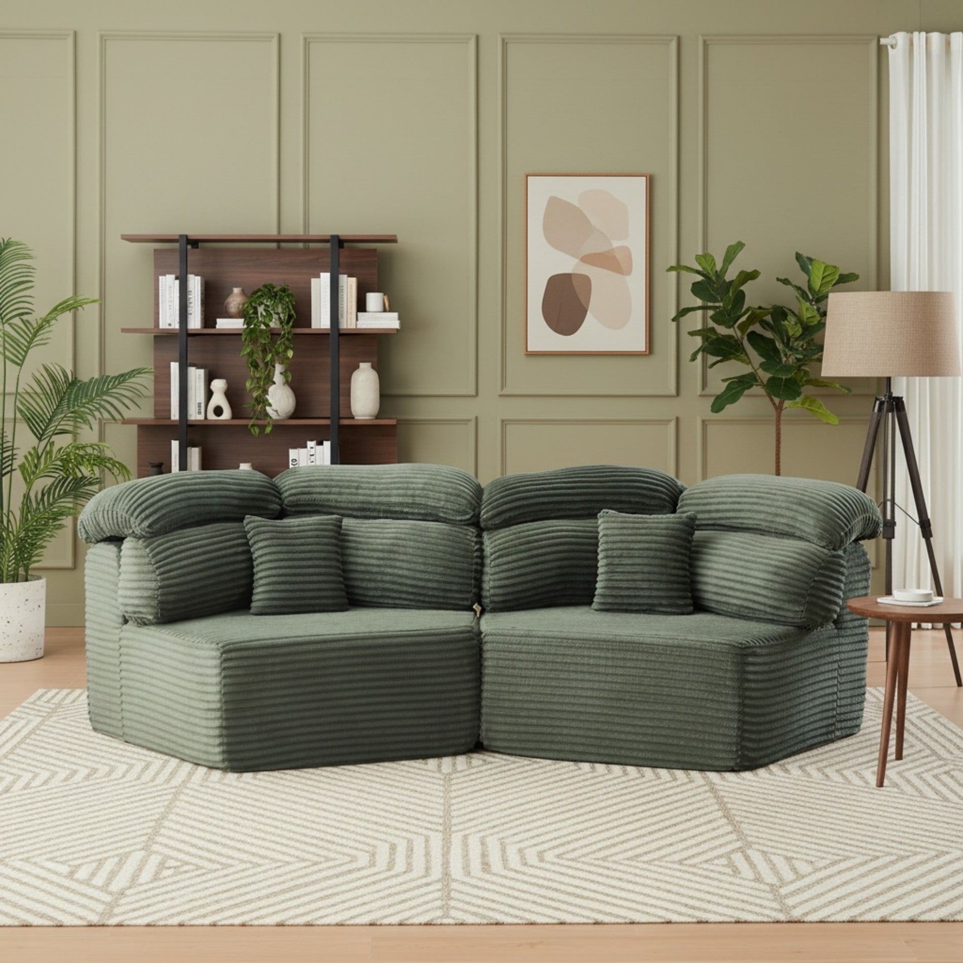 Sailvan 2PCS 53" Modern Corduroy Modular Lounge Chair, Pentagonal Seater Cloud Sofa with 6 Enveloping Pillows for Living Room Green