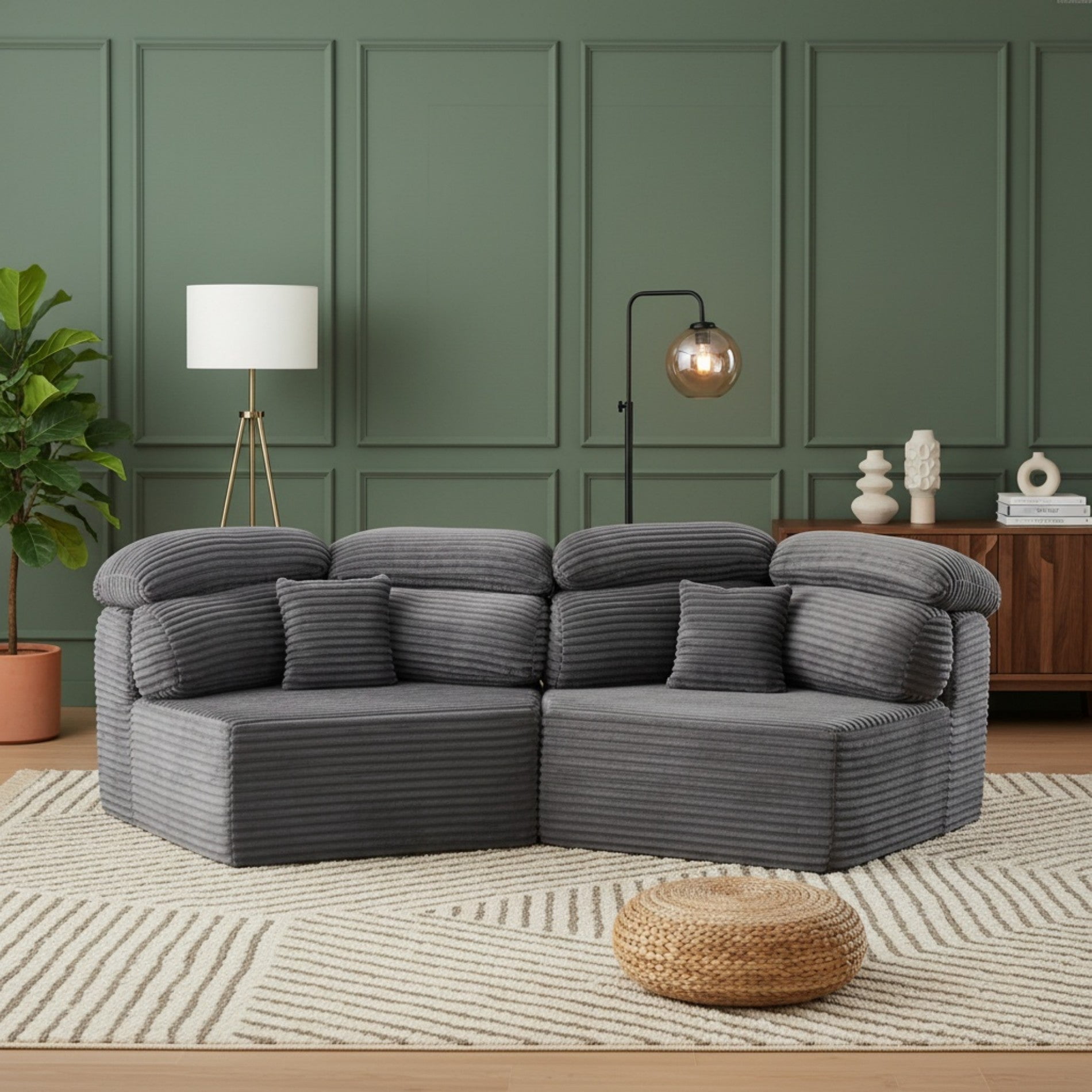 Sailvan 2PCS 53" Modern Corduroy Modular Lounge Chair, Pentagonal Seater Cloud Sofa with 6 Enveloping Pillows for Living Room Grey