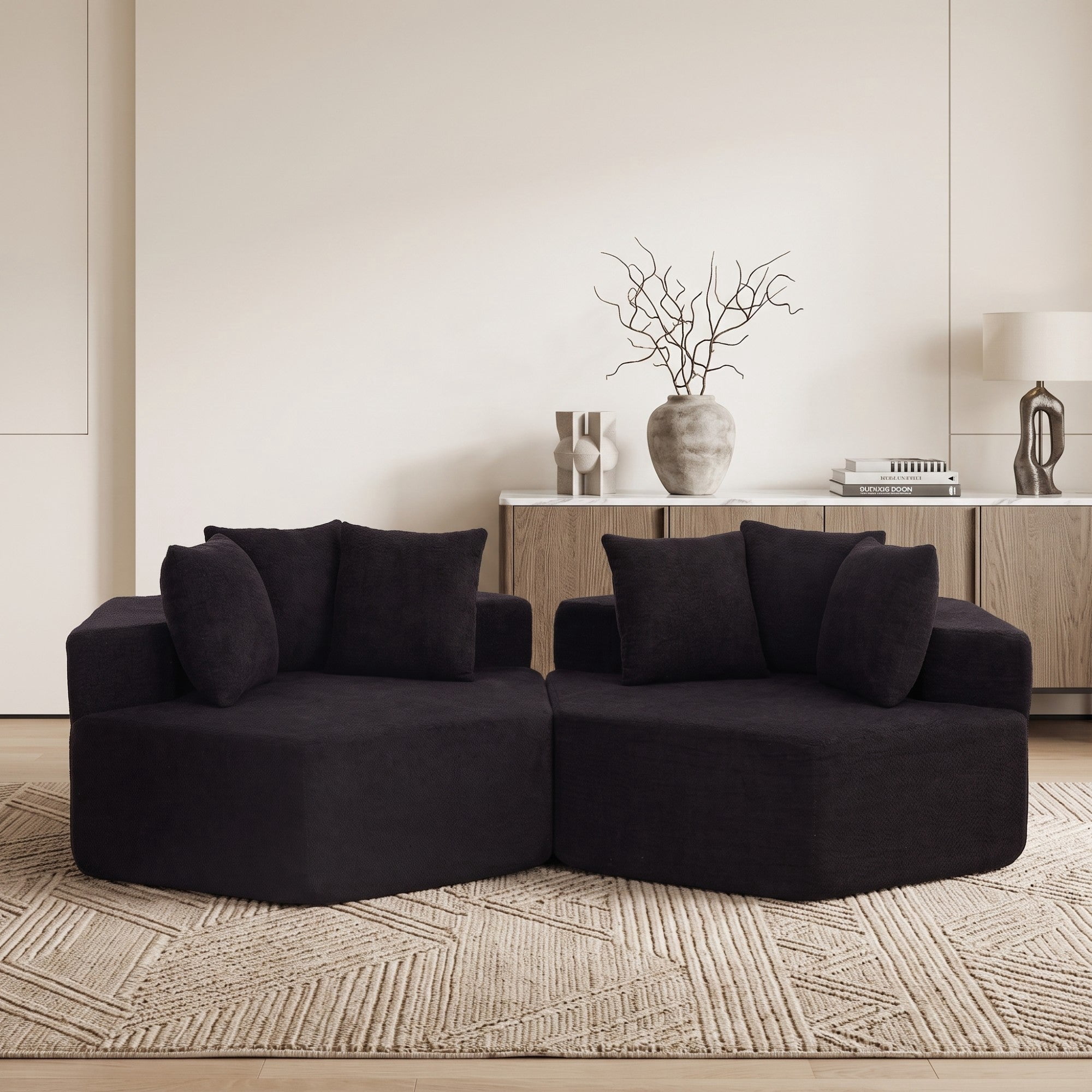 Sailvan 2PCS 54" Modern Hexagonal Modular Lounge Chair, Chenille Circular Sofa with Pillows, Modular Seating for Living Room & Bedroom Black