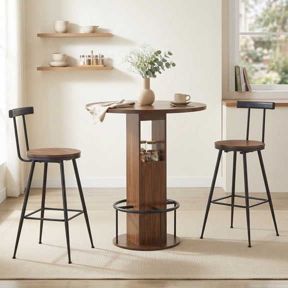 Sailvan 3-Piece Bar Table & Stool Set, 31.5" Round Wooden Bar with 2 Stools