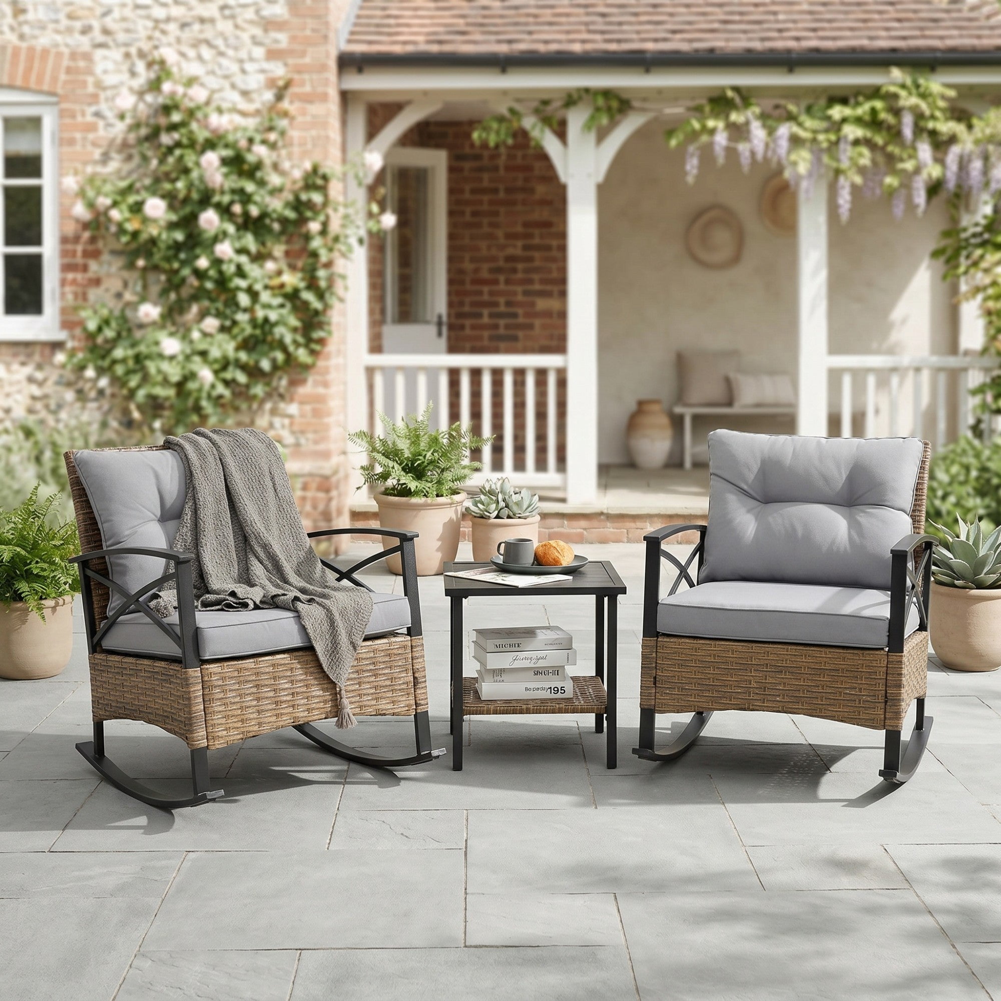 Sailvan 3 Piece Outdoor Chair Set, Wicker Leisure Rocking Patio Furniture Set with Side Table
