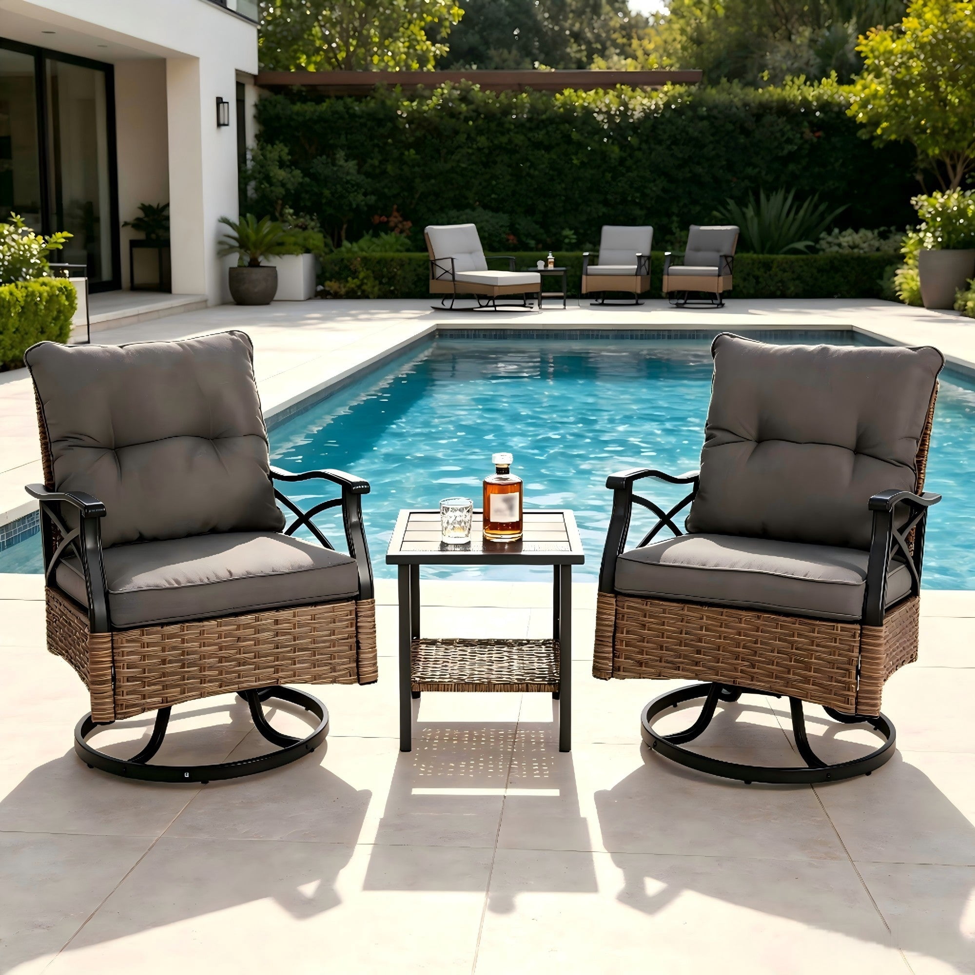 Sailvan 3-Piece Outdoor Swivel Rocker Chairs Set,Wicker Patio Conversation Set with Side Table,350lbs Capacity,Brown Brown&Gray