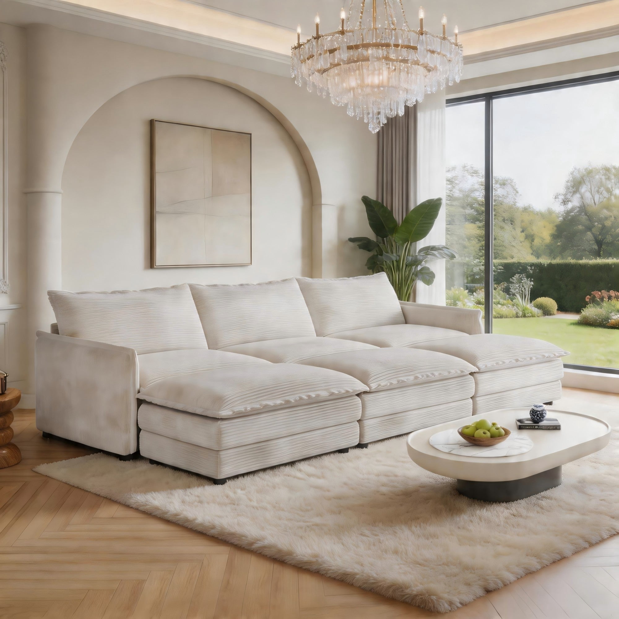 Sailvan 3-Seater Corduroy Sofa with 3 Ottomans, Oversized Deep Seat Cloud Couch for Living Room Beige