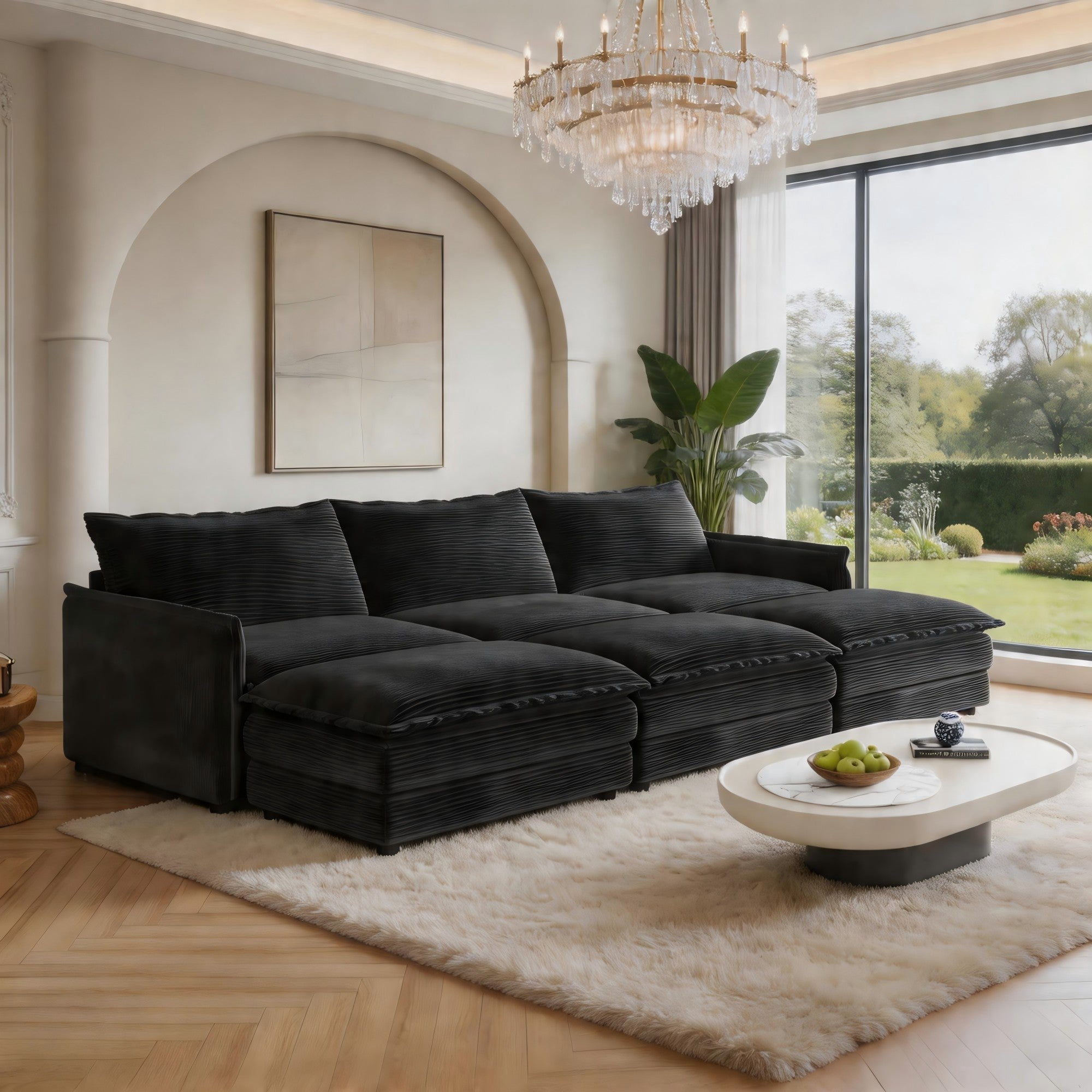 Sailvan 3-Seater Corduroy Sofa with 3 Ottomans, Oversized Deep Seat Cloud Couch for Living Room Black