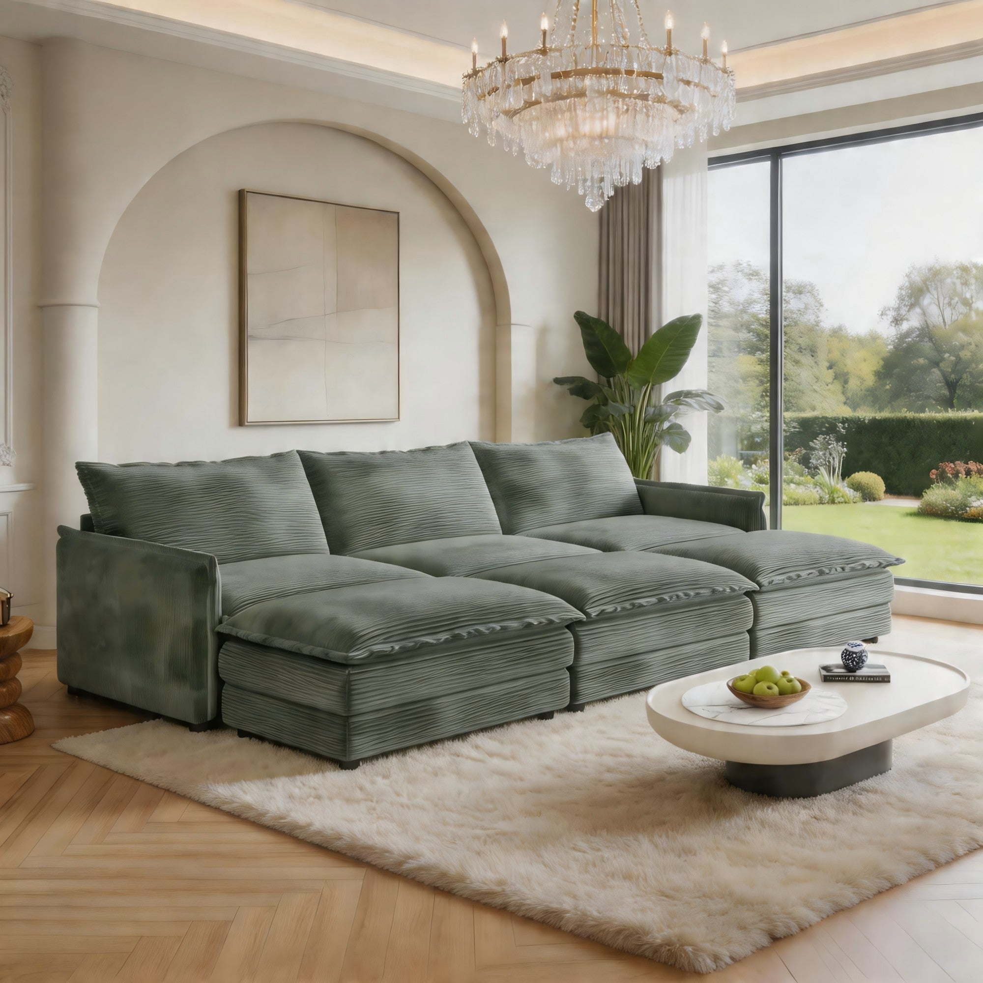 Sailvan 3-Seater Corduroy Sofa with 3 Ottomans, Oversized Deep Seat Cloud Couch for Living Room Green