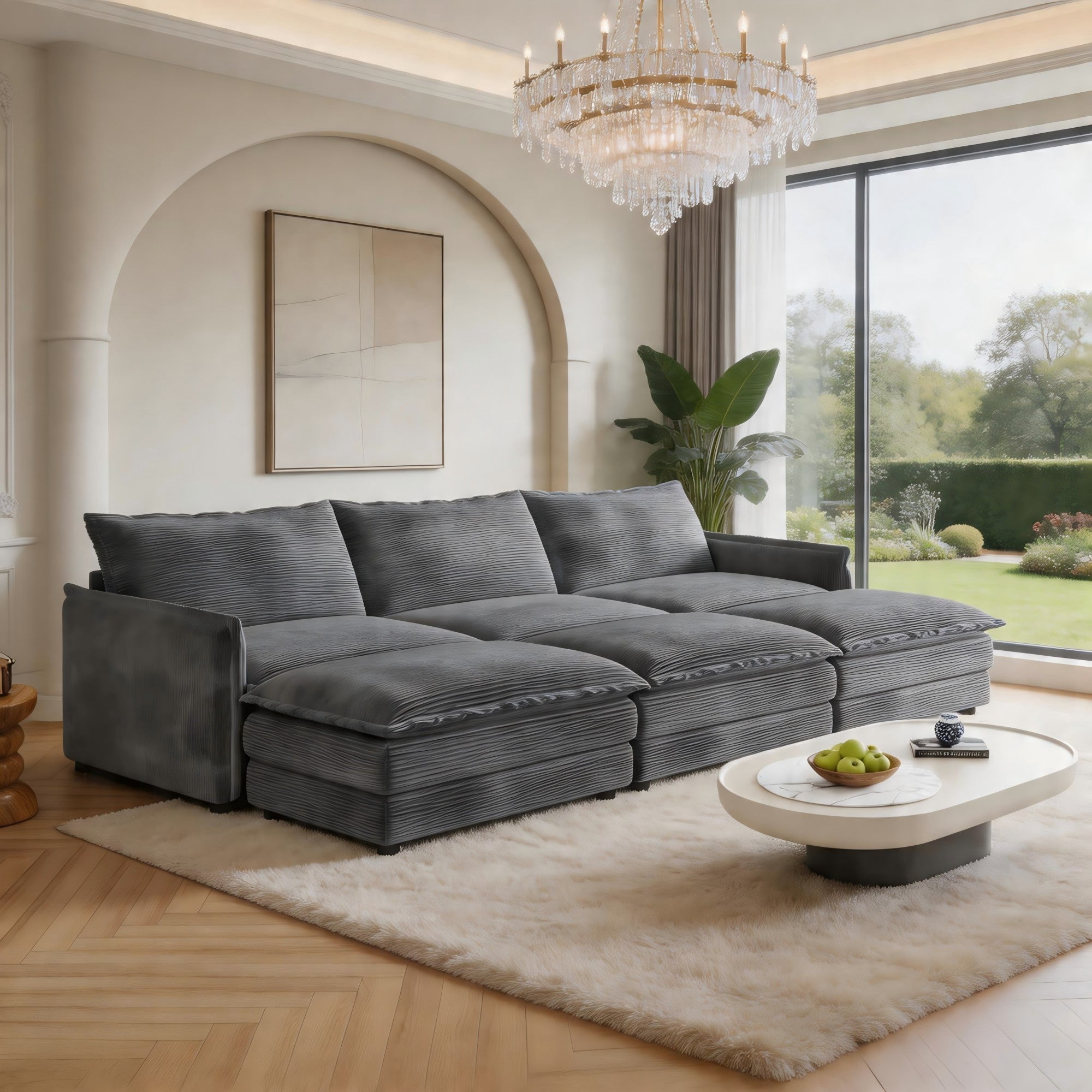 Sailvan 3-Seater Corduroy Sofa with 3 Ottomans, Oversized Deep Seat Cloud Couch for Living Room Grey