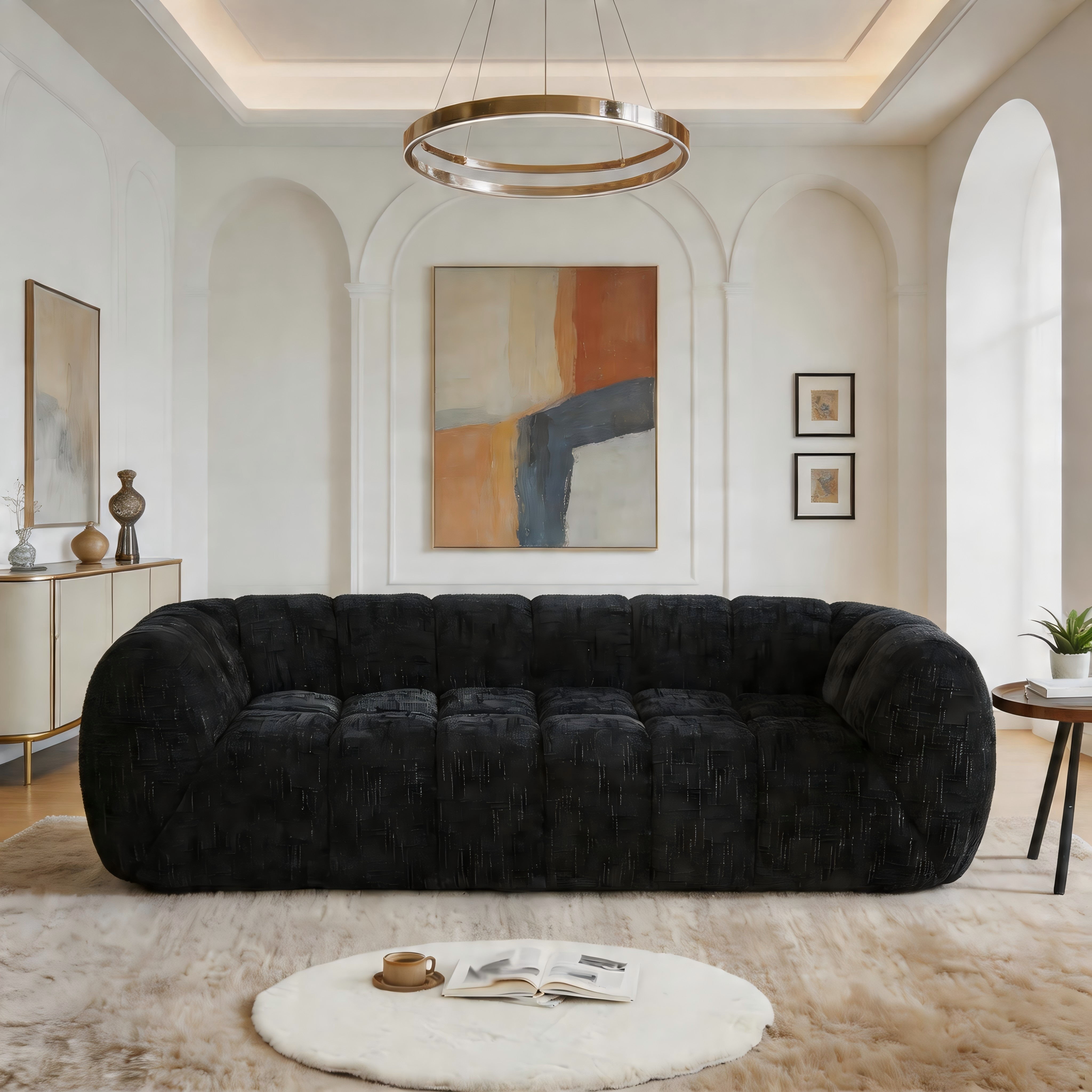 Sailvan 3-Seater Modern Quilted Cloud Sofa, Deep Seat Chenille Pure Foam Couch for Living Room Black