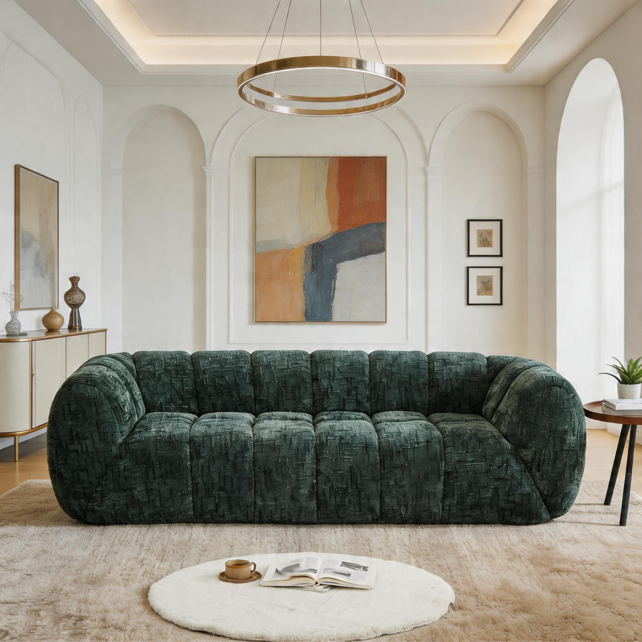 Sailvan 3-Seater Modern Quilted Cloud Sofa, Deep Seat Chenille Pure Foam Couch for Living Room Green