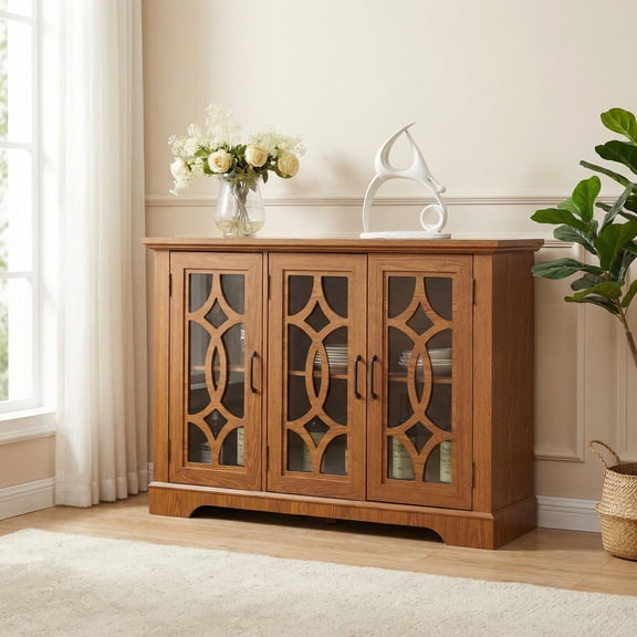 Sailvan 3-Tempered Glass Door Sideboard, 48.66" Spacious Buffet with Adjustable Shelf