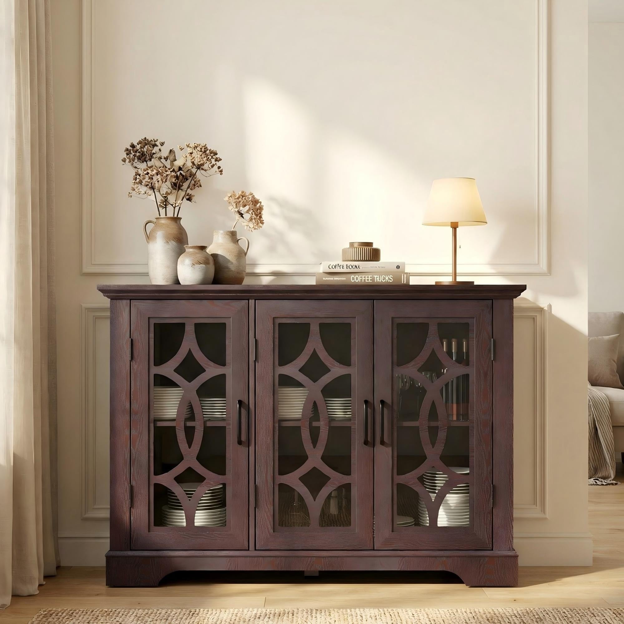 Sailvan 3-Tempered Glass Door Sideboard, 48.66" Spacious Buffet with Adjustable Shelf