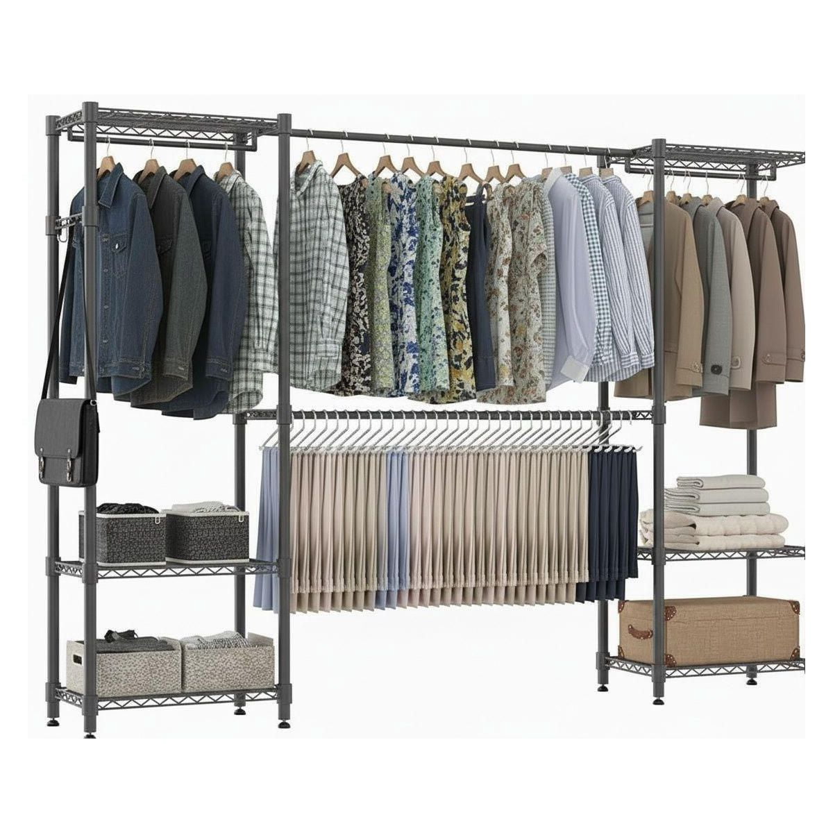 Sailvan 3-Tier Heavy Duty Garment Rack with Wheels, Adjustable Wire Clothes Rack with Double Hanging Rods & Side Hooks, Portable Closet,Black