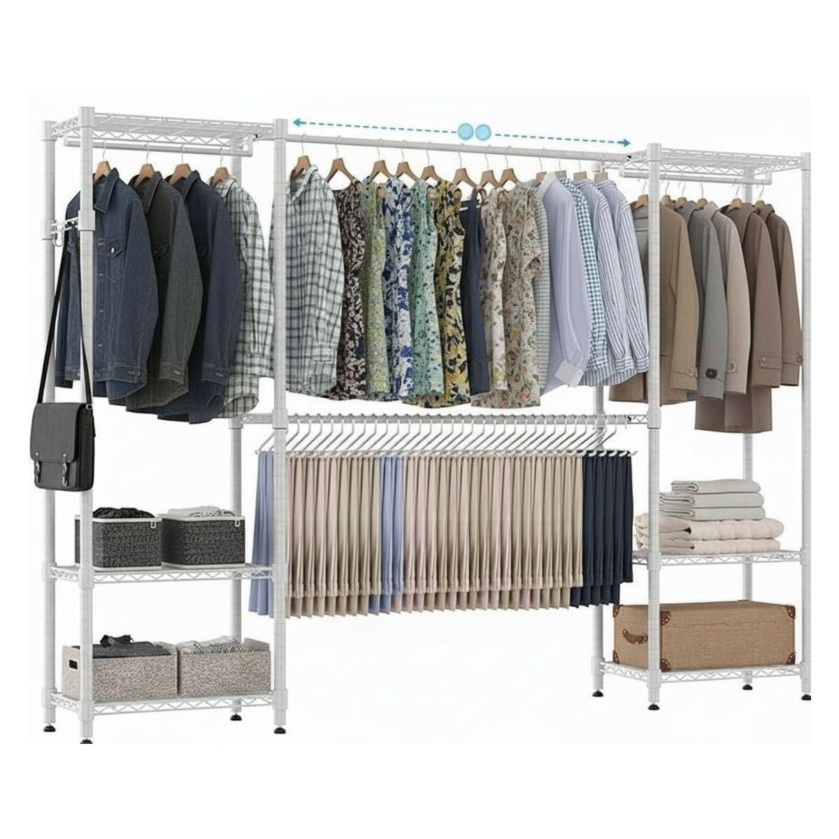 Sailvan 3-Tier Heavy Duty Garment Rack with Wheels, Adjustable Wire Clothes Rack with Double Hanging Rods & Side Hooks, Portable Closet,White
