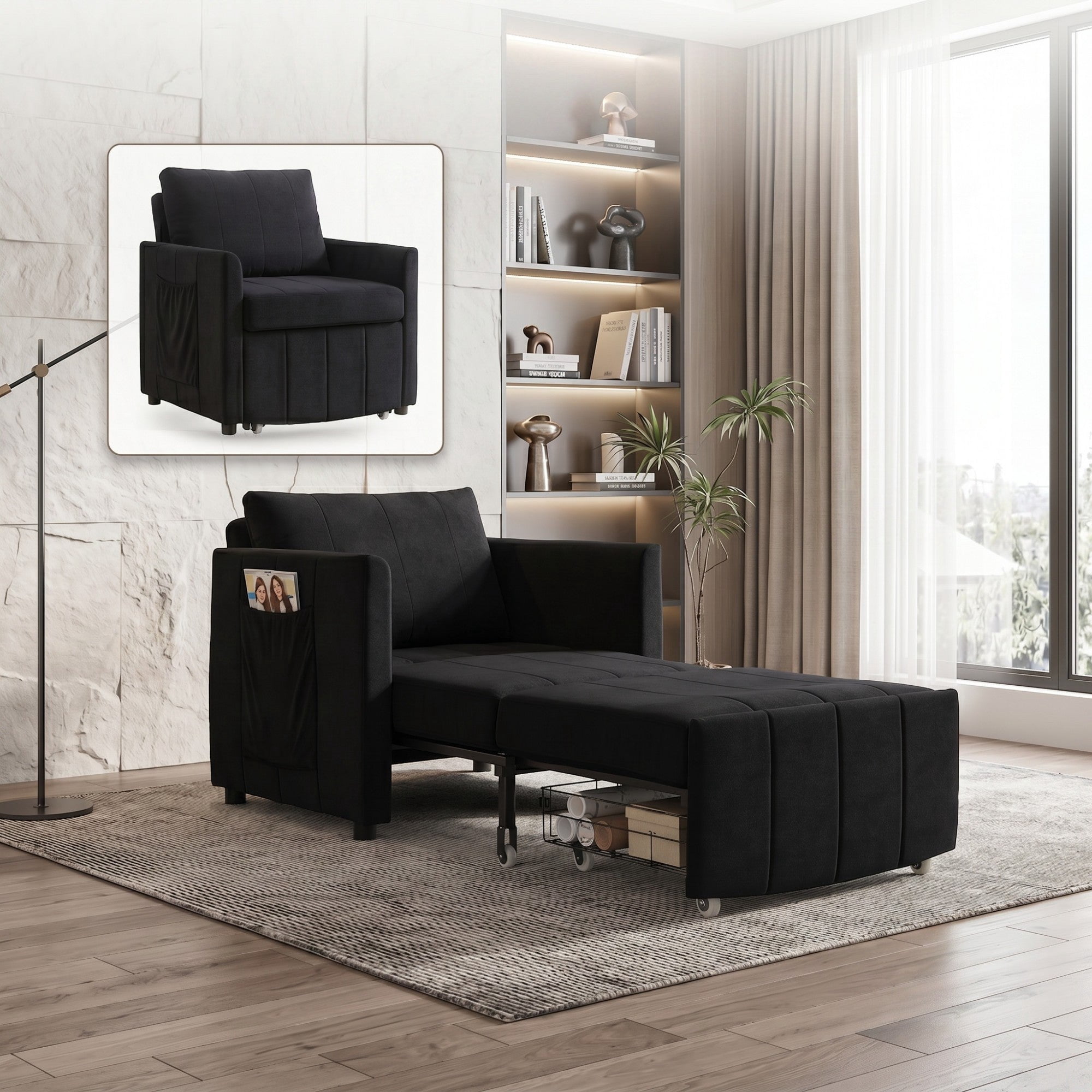 Sailvan 31.5" Convertible Pull Out Sofa Bed, Adjustable Chenille Sleeper Chair with Storage Black