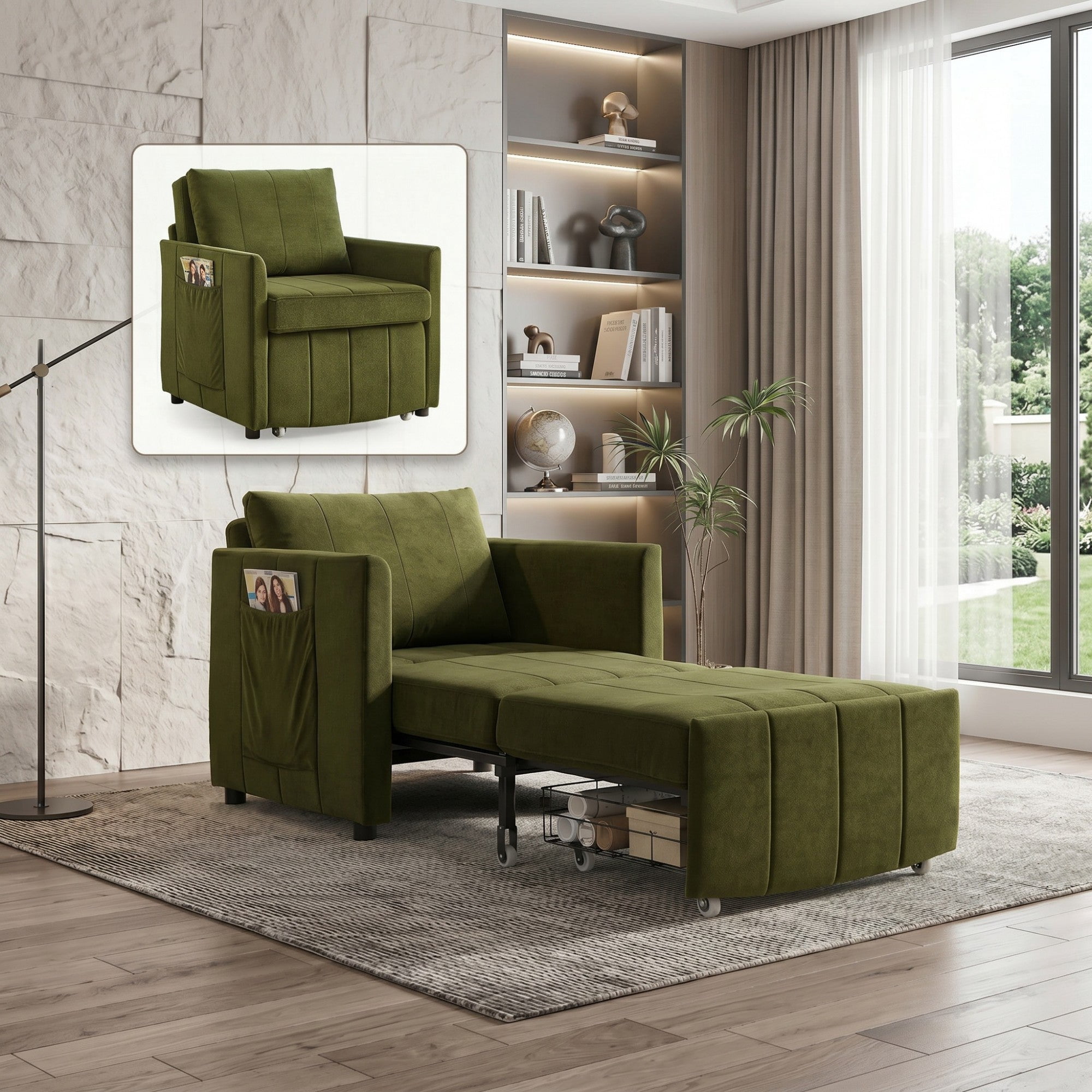 Sailvan 31.5" Convertible Pull Out Sofa Bed, Adjustable Chenille Sleeper Chair with Storage Green