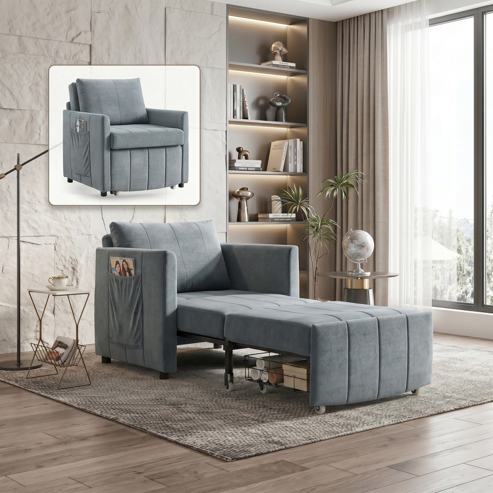 Sailvan 31.5" Convertible Pull Out Sofa Bed, Adjustable Chenille Sleeper Chair with Storage Grey