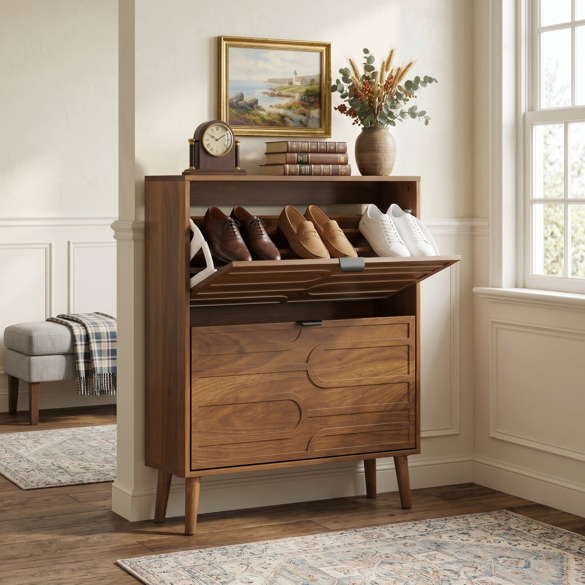 Sailvan 31.5" Mid-Century Modern Independent Shoe Cabinet, Fence Style with 2 Flip Drawers