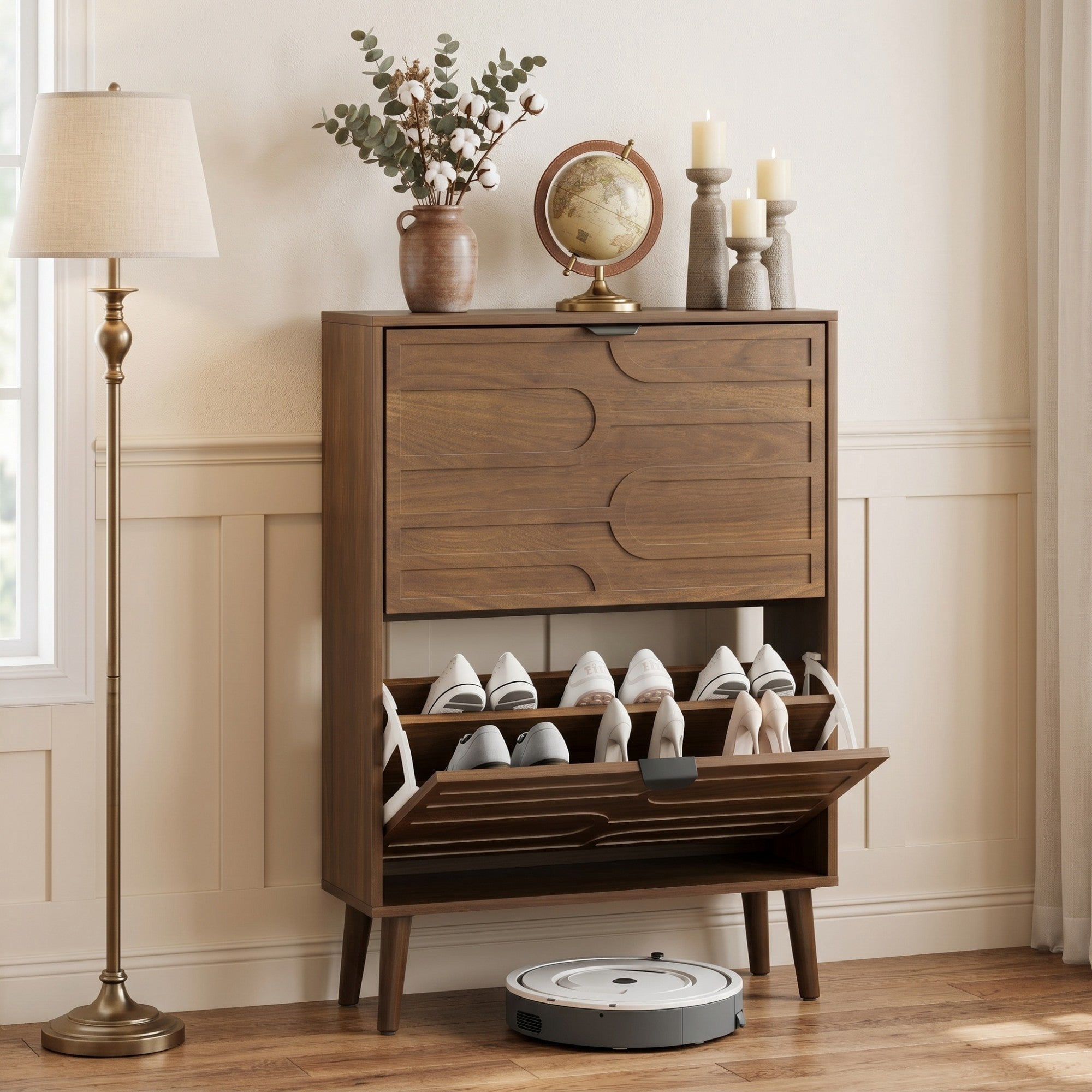 Sailvan 31.5" Mid-Century Modern Independent Shoe Cabinet, Fence Style with 2 Flip Drawers