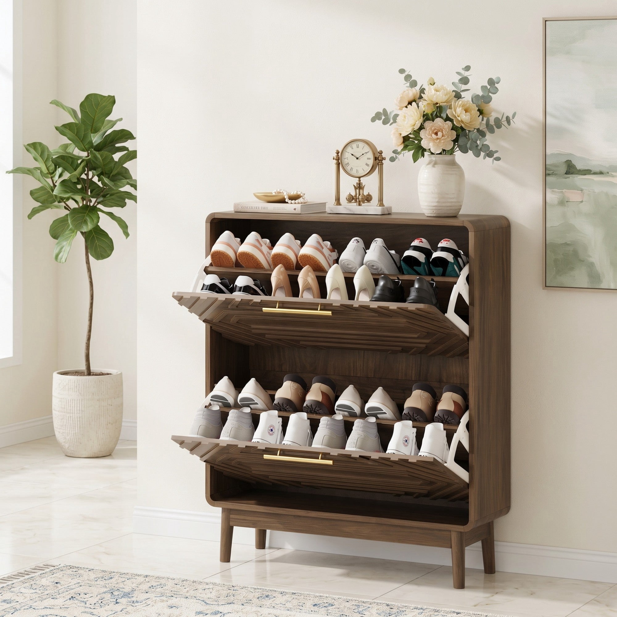 Sailvan 31.5" Walnut Shoe Cabinet, Mid-Century Modern Freestanding Organizer with 2 Flip-Top Drawers