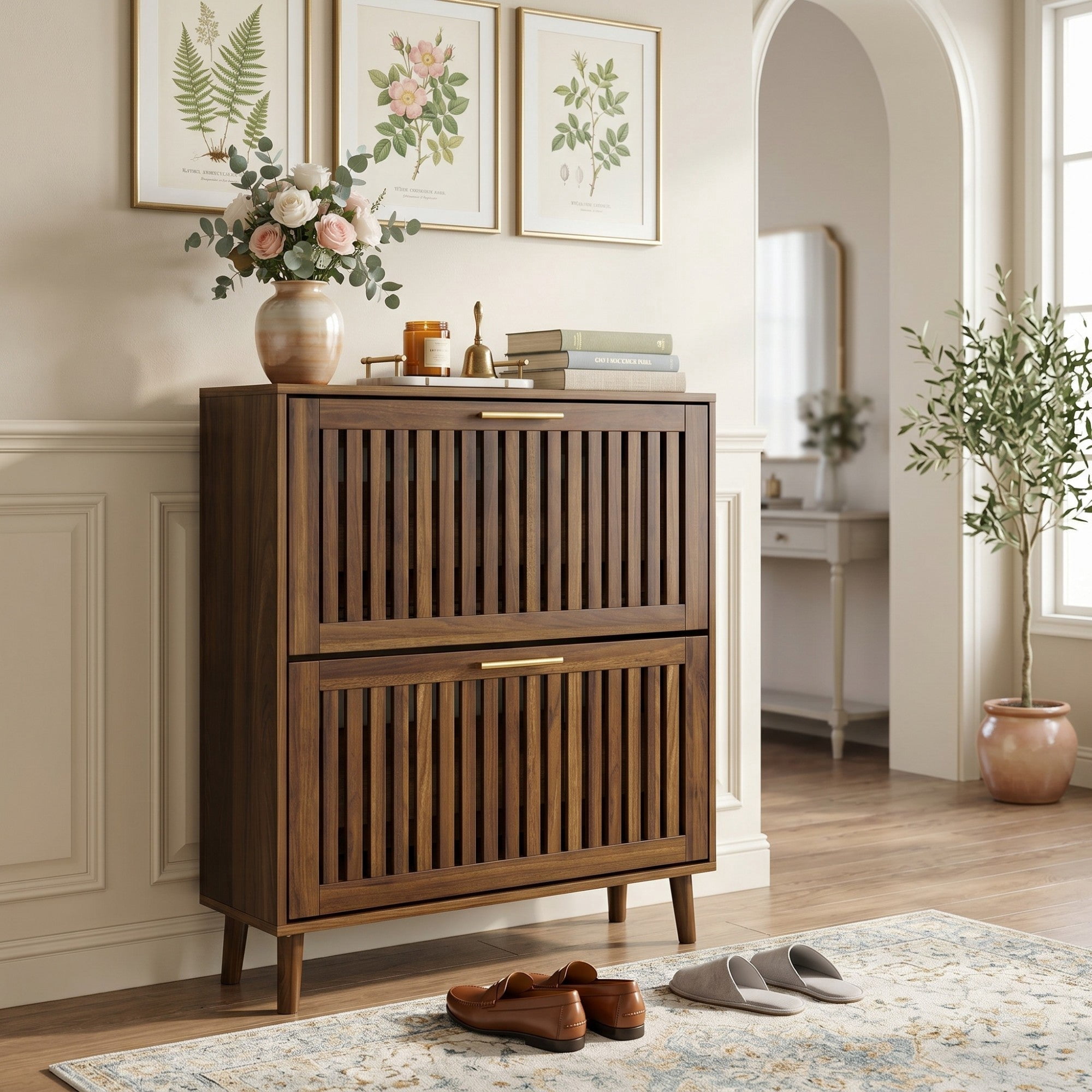 Sailvan 31.5" Walnut Shoe Storage Cabinet, Mid-Century Modern Freestanding Fence Cabinet