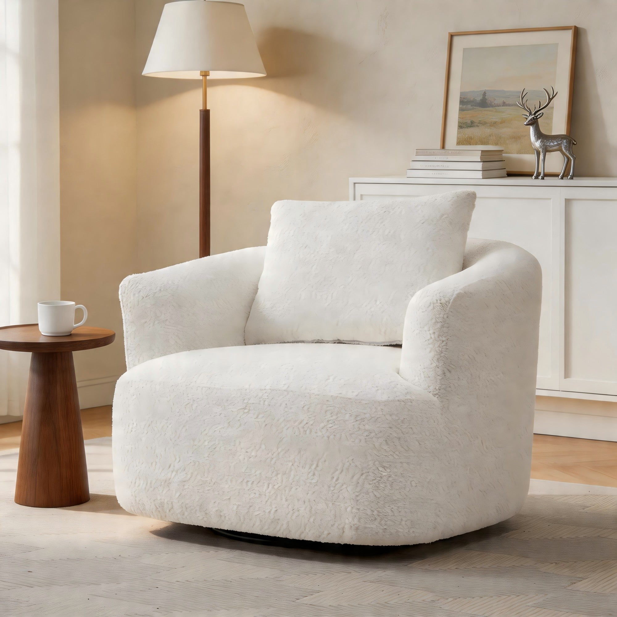 Sailvan 38.2" Swivel Accent Chair, Boucle Upholstered 360 Degree Barrel Sofa with Pillow for Living Room Beige