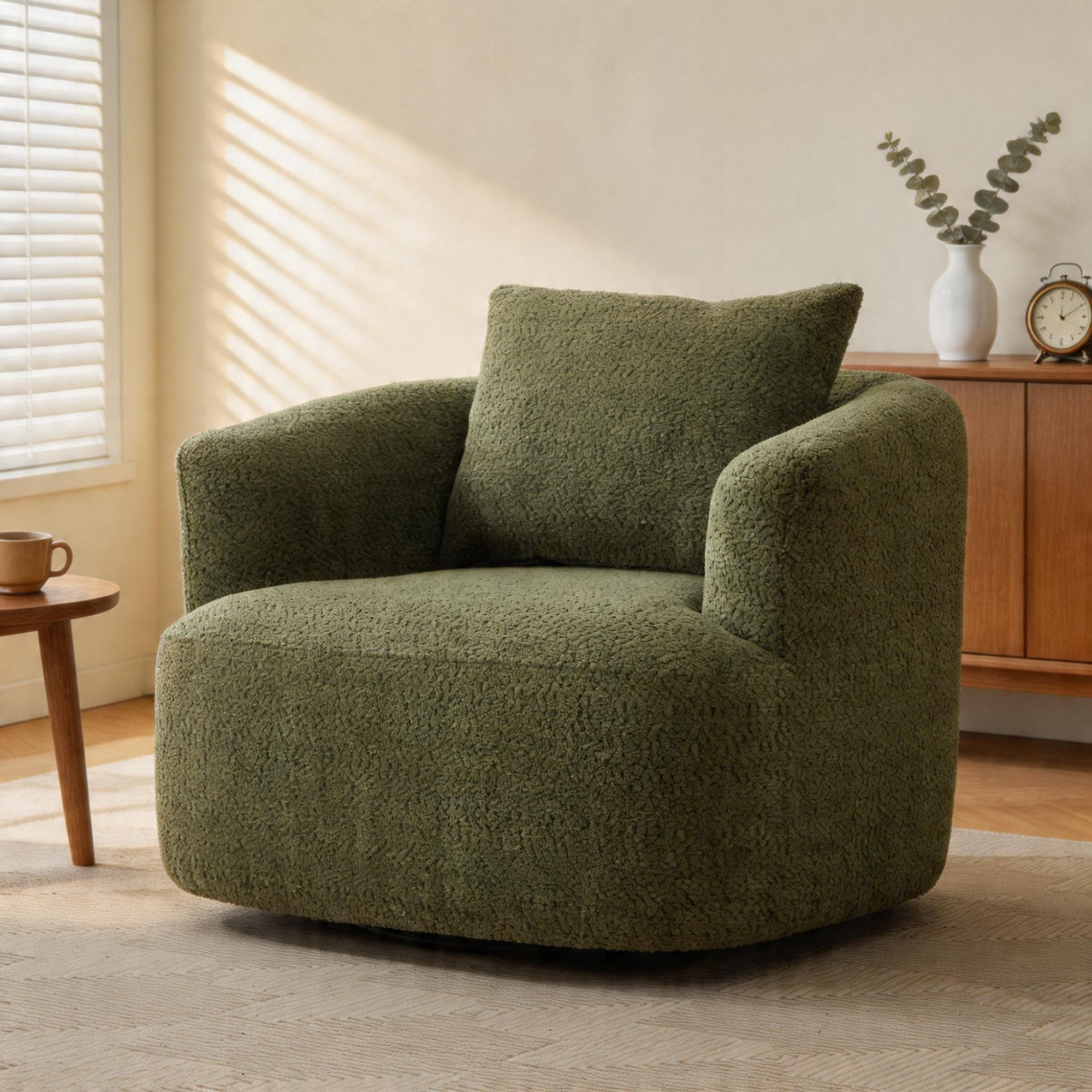 Sailvan 38.2" Swivel Accent Chair, Boucle Upholstered 360 Degree Barrel Sofa with Pillow for Living Room Green