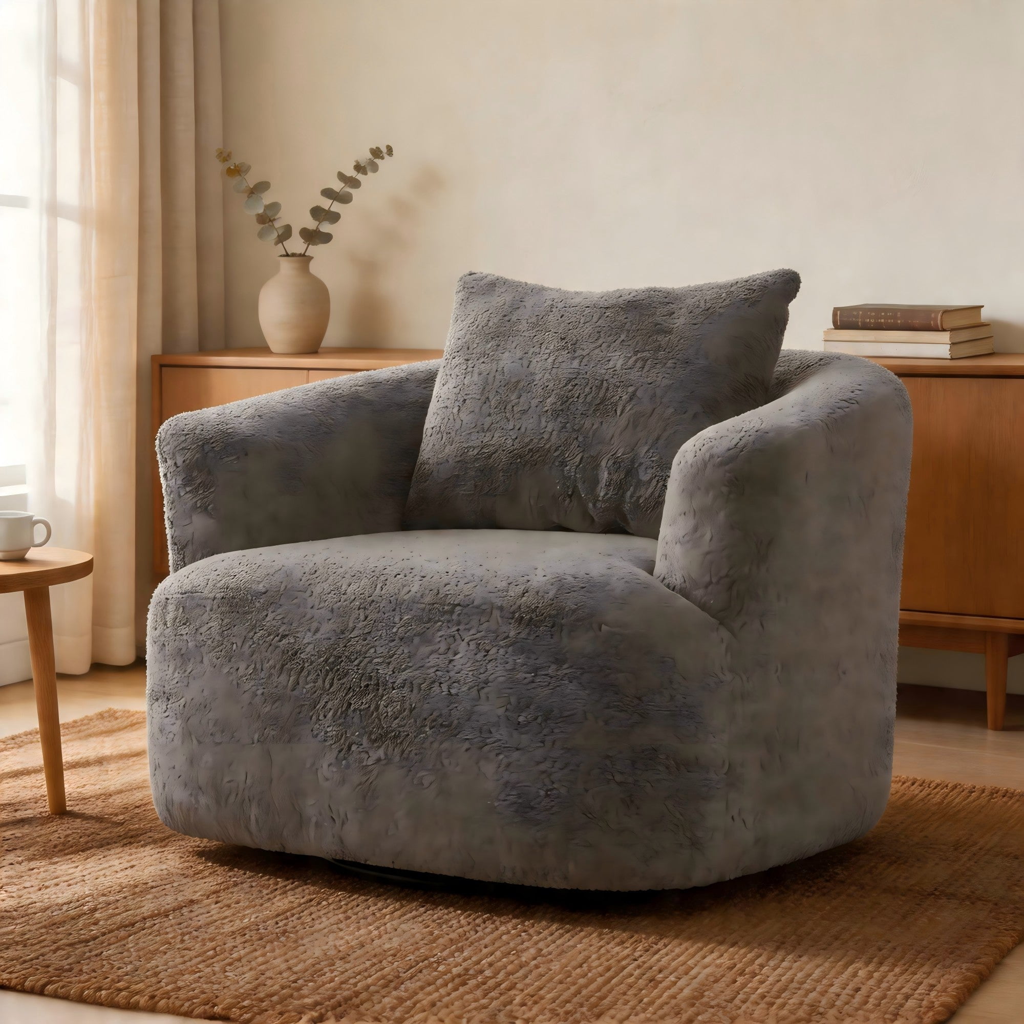 Sailvan 38.2" Swivel Accent Chair, Boucle Upholstered 360 Degree Barrel Sofa with Pillow for Living Room Grey