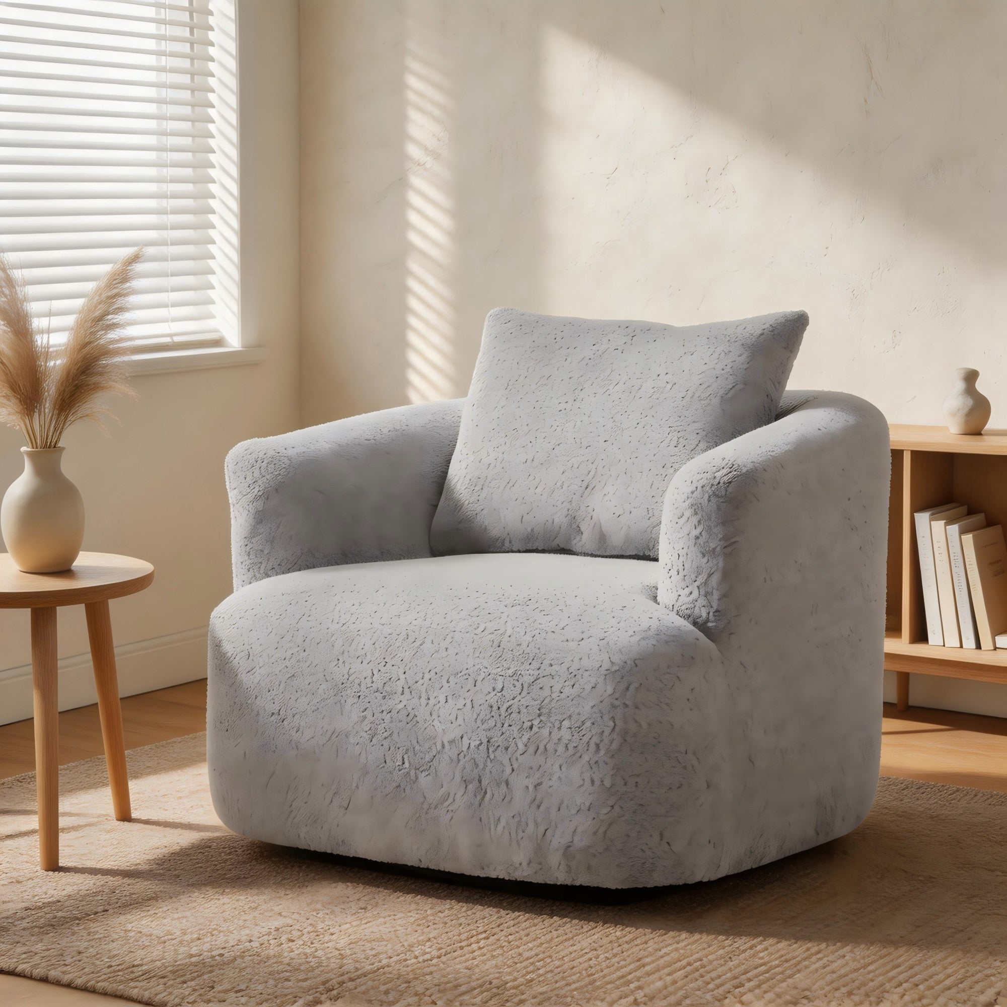 Sailvan 38.2" Swivel Accent Chair, Boucle Upholstered 360 Degree Barrel Sofa with Pillow for Living Room Light Grey