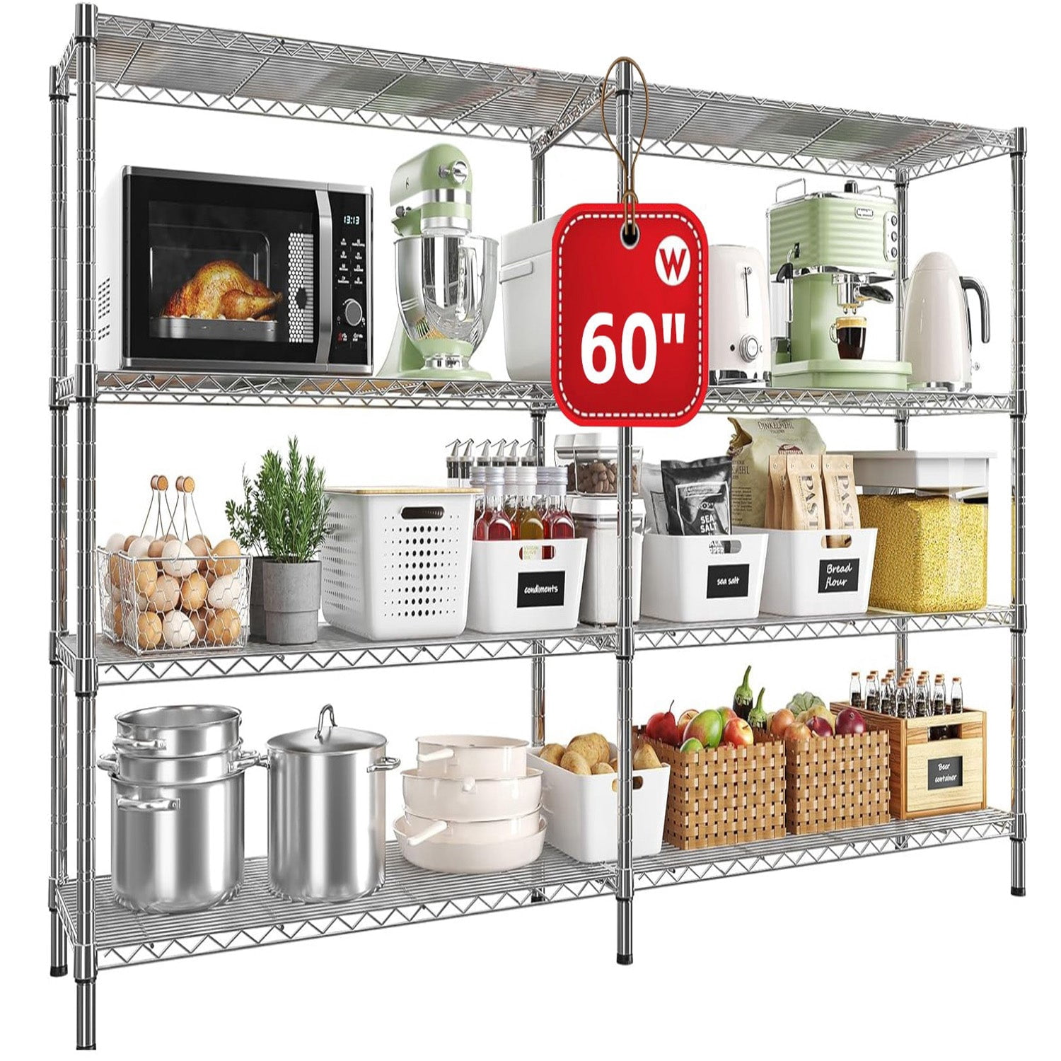 Sailvan 4-Tier Heavy Duty Metal Storage Rack,60"W x 14"D x 60"H Adjustable Wire Shelving Unit,1200 lbs Capacity Garage Pantry Shelves,Silver