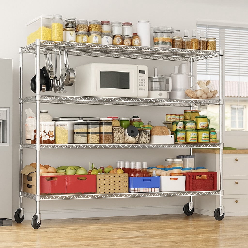 Sailvan 4-Tier Heavy Duty Metal Storage Rack, 60"W x 24"D x 72"H, 2400LBS Capacity Adjustable Wire Shelving Unit with Wheels for Garage Pantry,Silver