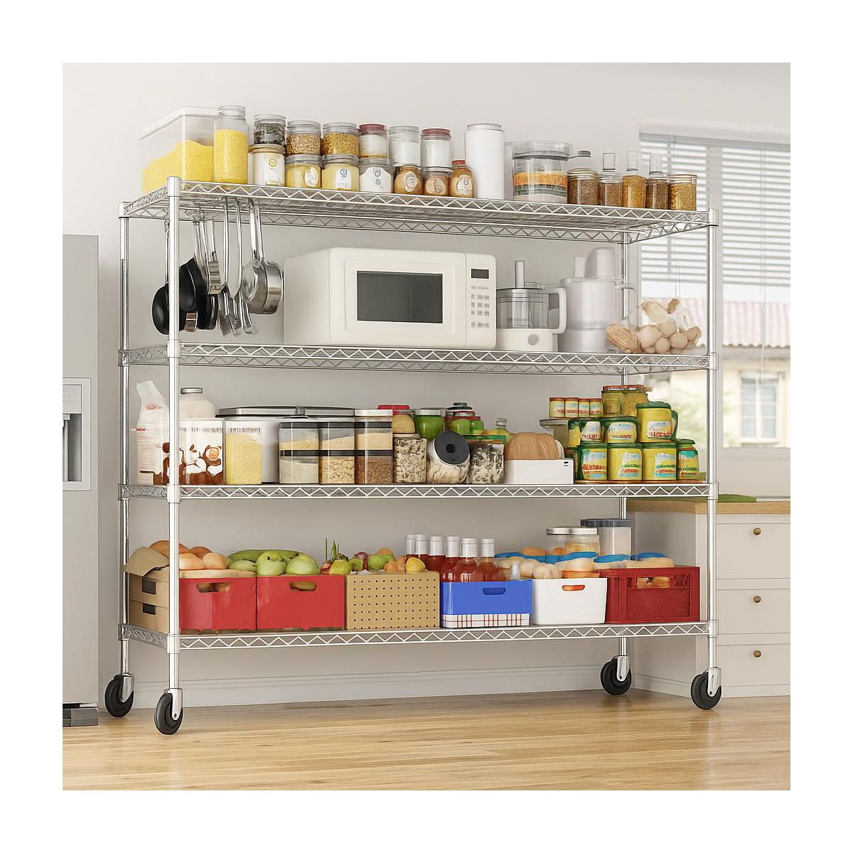 Sailvan 4-Tier Heavy Duty Metal Storage Rack with Wheels, 2400LBS Adjustable Wire Shelving Unit for Garage, Pantry, Kitchen, 18"D x 60"W x 72"H,Silver
