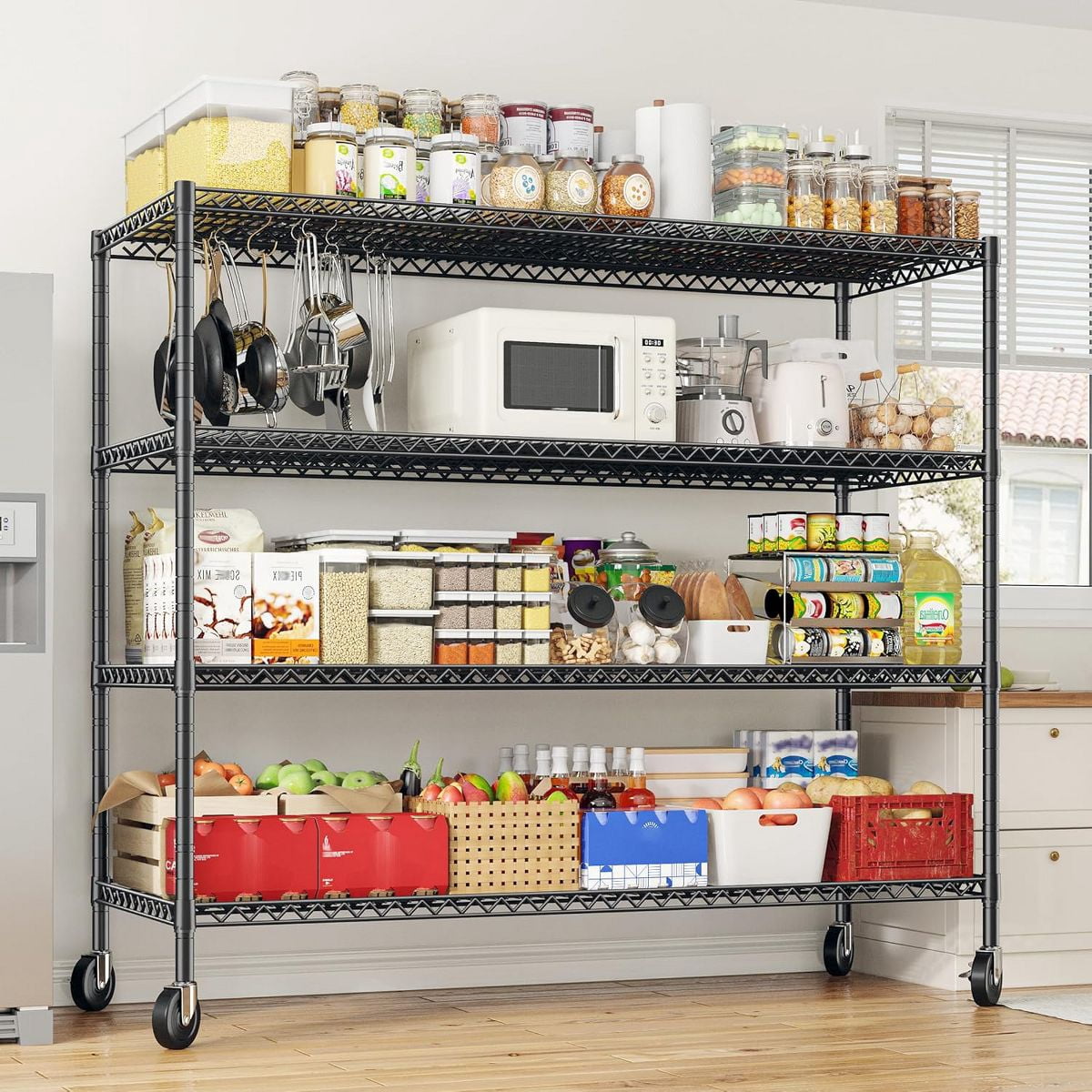 Sailvan 4-Tier Heavy Duty Metal Storage Rack with Wheels, 2400LBS Adjustable Wire Shelving Unit for Garage, Pantry, Kitchen, 18"D x 60"W x 72"H,Black
