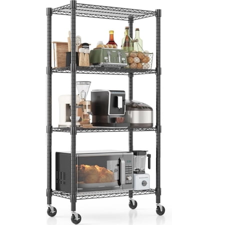 Sailvan 4-Tier Heavy Duty Metal Storage Shelves with Wheels, 30"W x 14"D x 72"H, 1200LBS Capacity Adjustable Wire Shelving Unit, Black