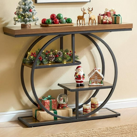 Sailvan 41.3" Console Table with Circle Base, Industrial 4-Tier Entryway Table with 1.7" Thickened Top, Narrow Hallway Sofa Table with Storage for Living Room, Hallway, Foyer, Rustic Brown