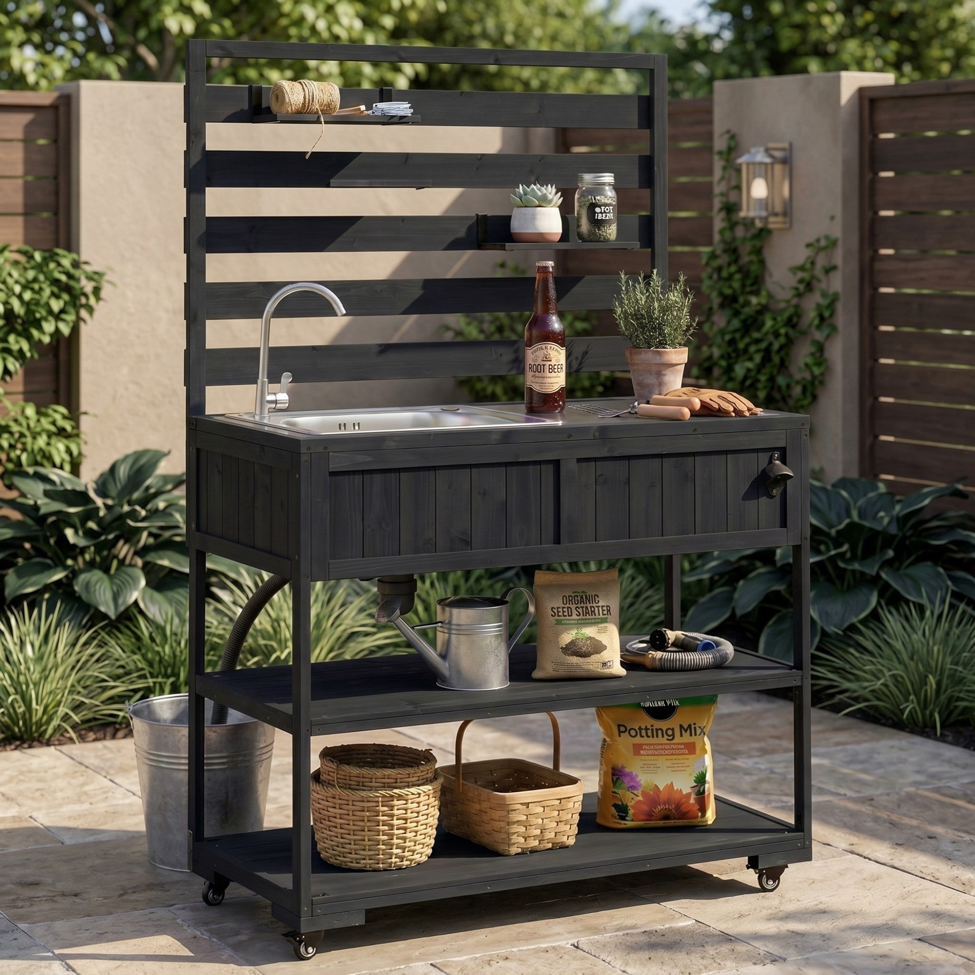 Sailvan 41.7" Patio Kitchen Island with Stainless Steel Sink,Rolling Outdoor Grill Prep Table,Solid Wood Garden Potting Bench, Black