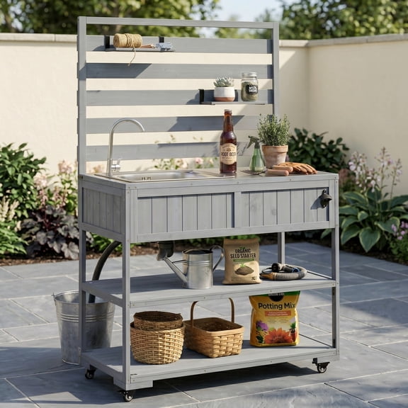 Sailvan 41.7" Patio Kitchen Island with Stainless Steel Sink,Rolling Outdoor Grill Prep Table,Solid Wood Garden Potting Bench, Gray