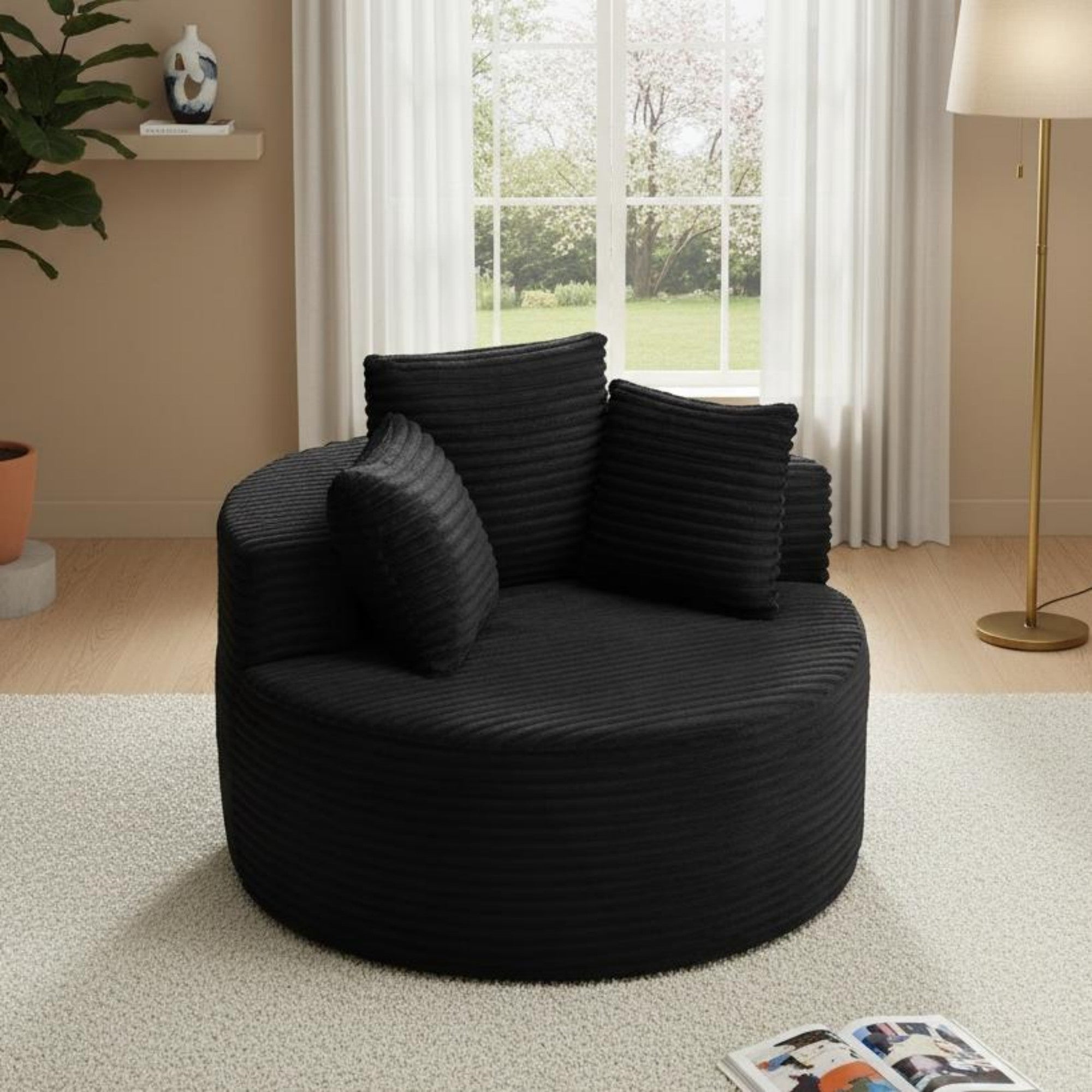 Sailvan 43" Round Corduroy Single Sofa Lounge Chair with 3 Pillows, Modern Minimalist Accent Chair for Bedroom, Living Room & Game Room Black