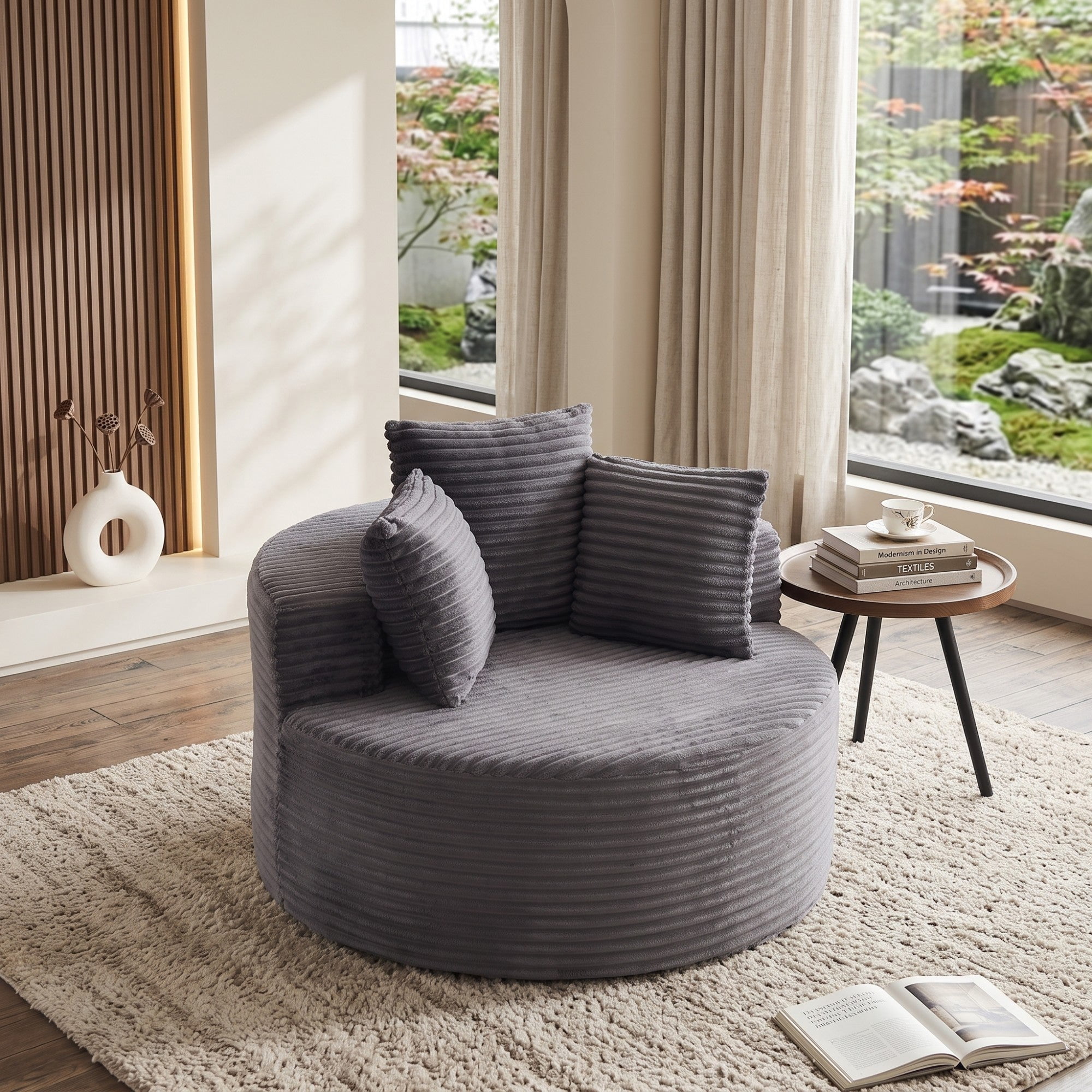 Sailvan 43" Round Corduroy Single Sofa Lounge Chair with 3 Pillows, Modern Minimalist Accent Chair for Bedroom, Living Room & Game Room Grey