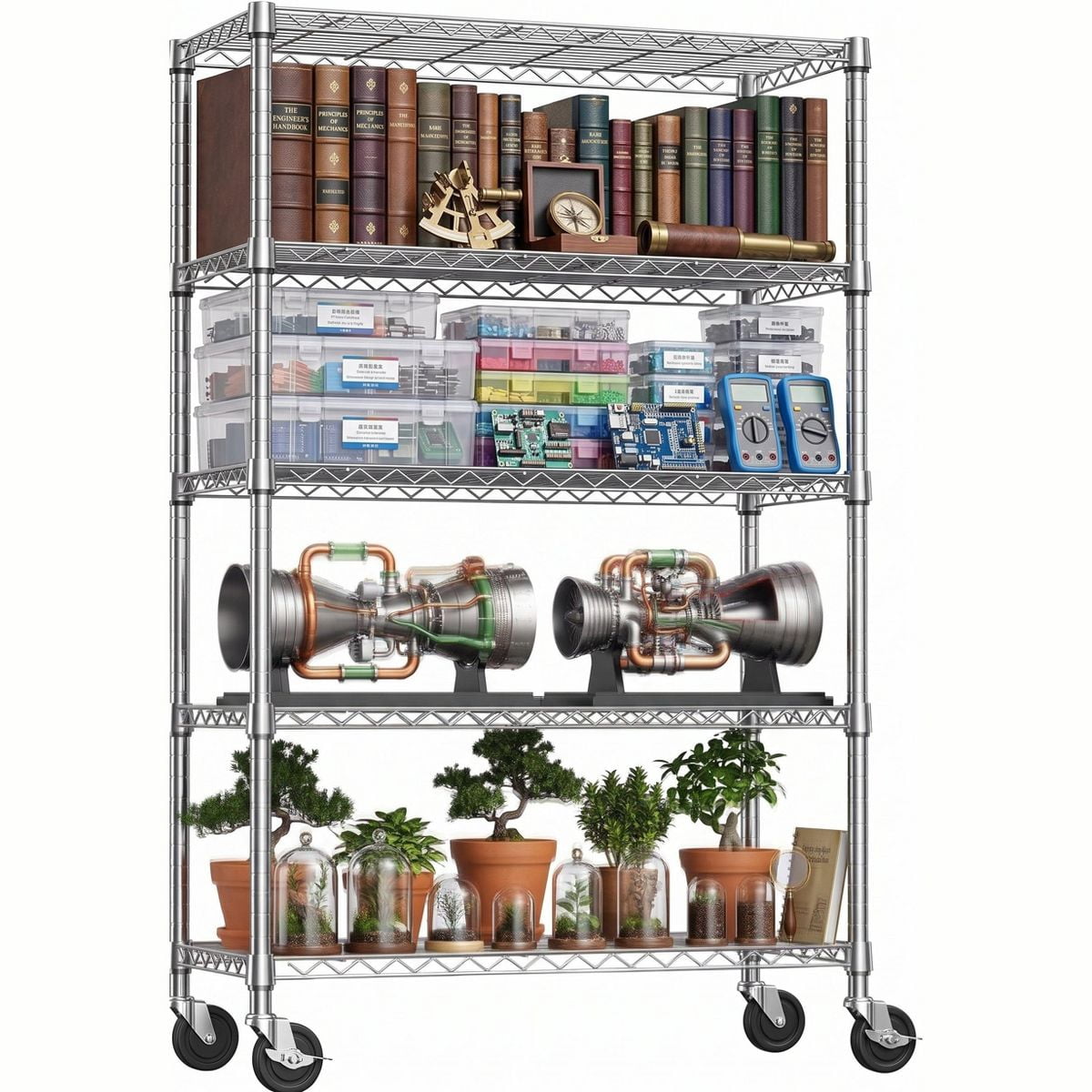 Sailvan 46"W 5-Tier Metal Wire Shelving Unit with Wheels, 1000LBS Heavy Duty Storage Shelves for Garage Kitchen Pantry, 18"Dx46"Wx72"H,Silver