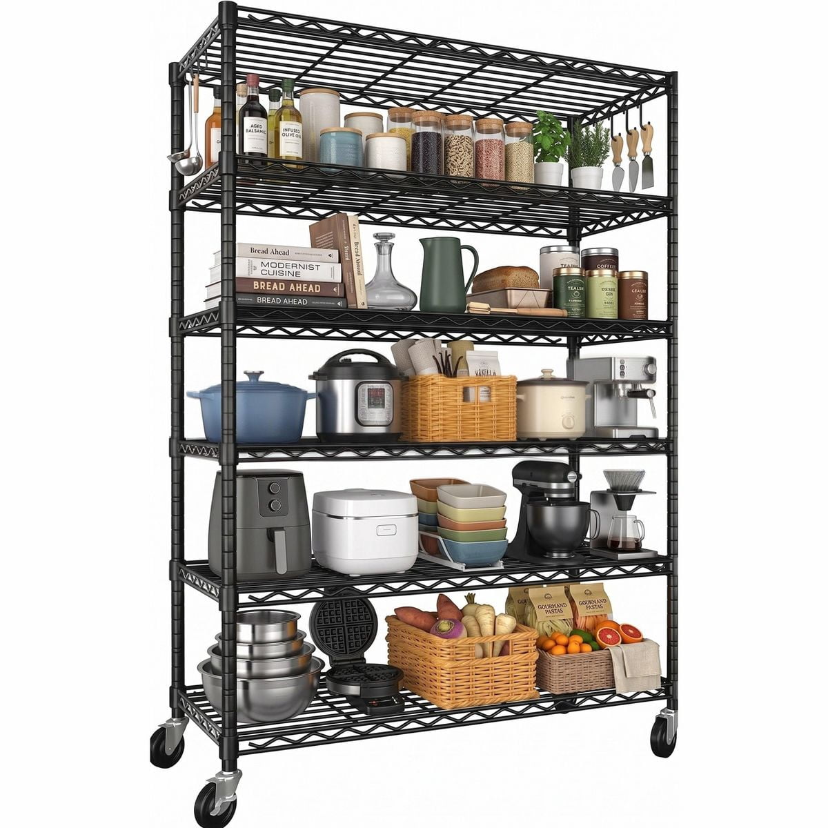 Sailvan 46"W 6-Tier Metal Wire Shelving Unit with Wheels, 1200LBS Heavy Duty Storage Shelves for Garage Kitchen Pantry, 18"Dx46"Wx82"H,Black