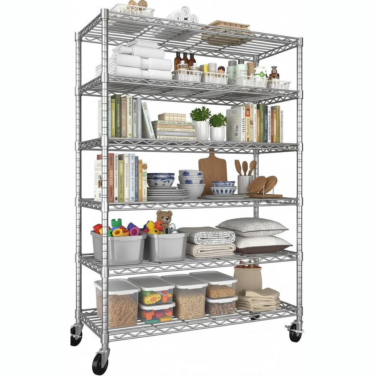 Sailvan 46"W 6-Tier Metal Wire Shelving Unit with Wheels, 1200LBS Heavy Duty Storage Shelves for Garage Kitchen Pantry, 18"Dx46"Wx82"H,Silver